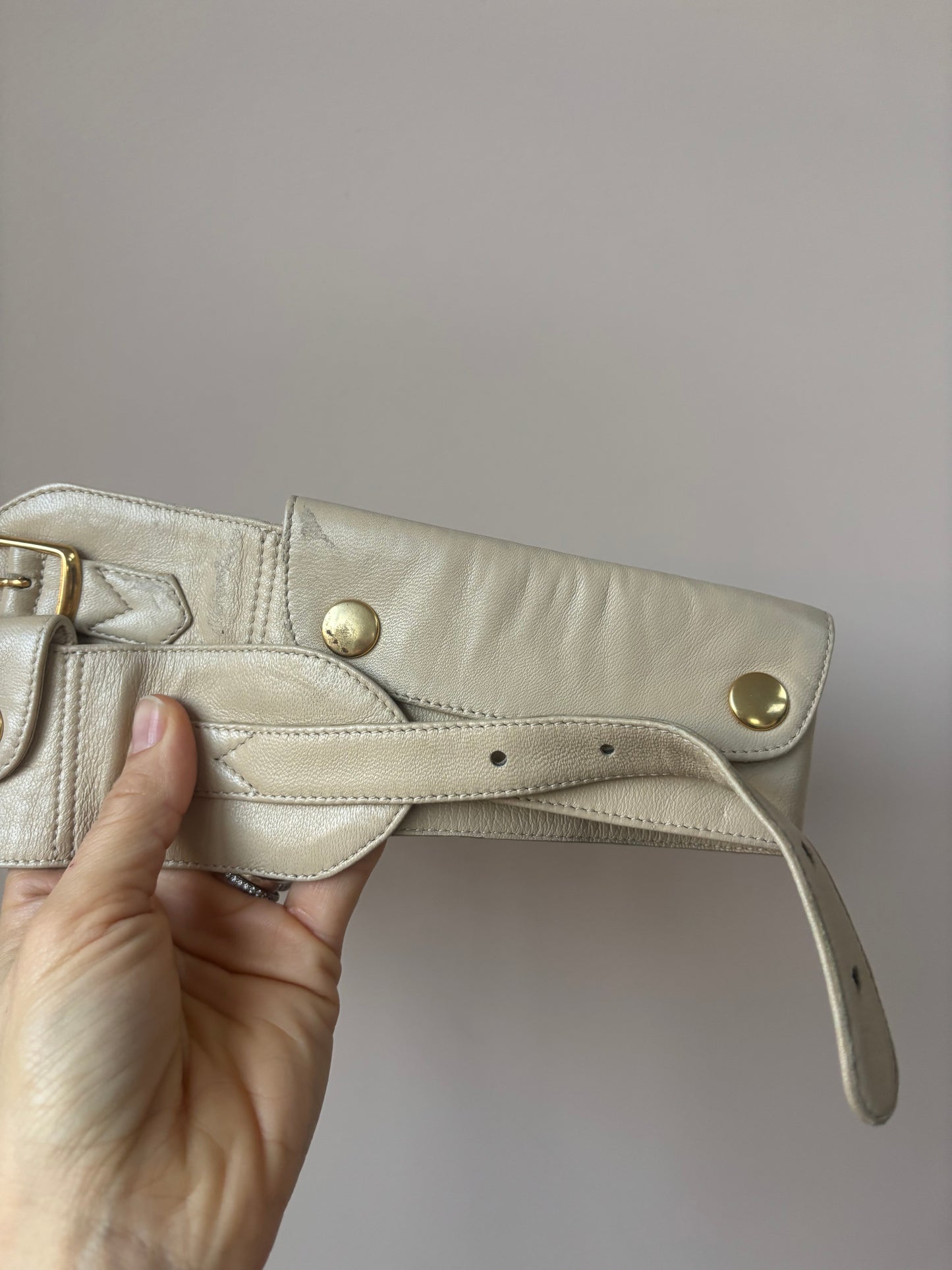 Vintage cream beige leather belt with pockets