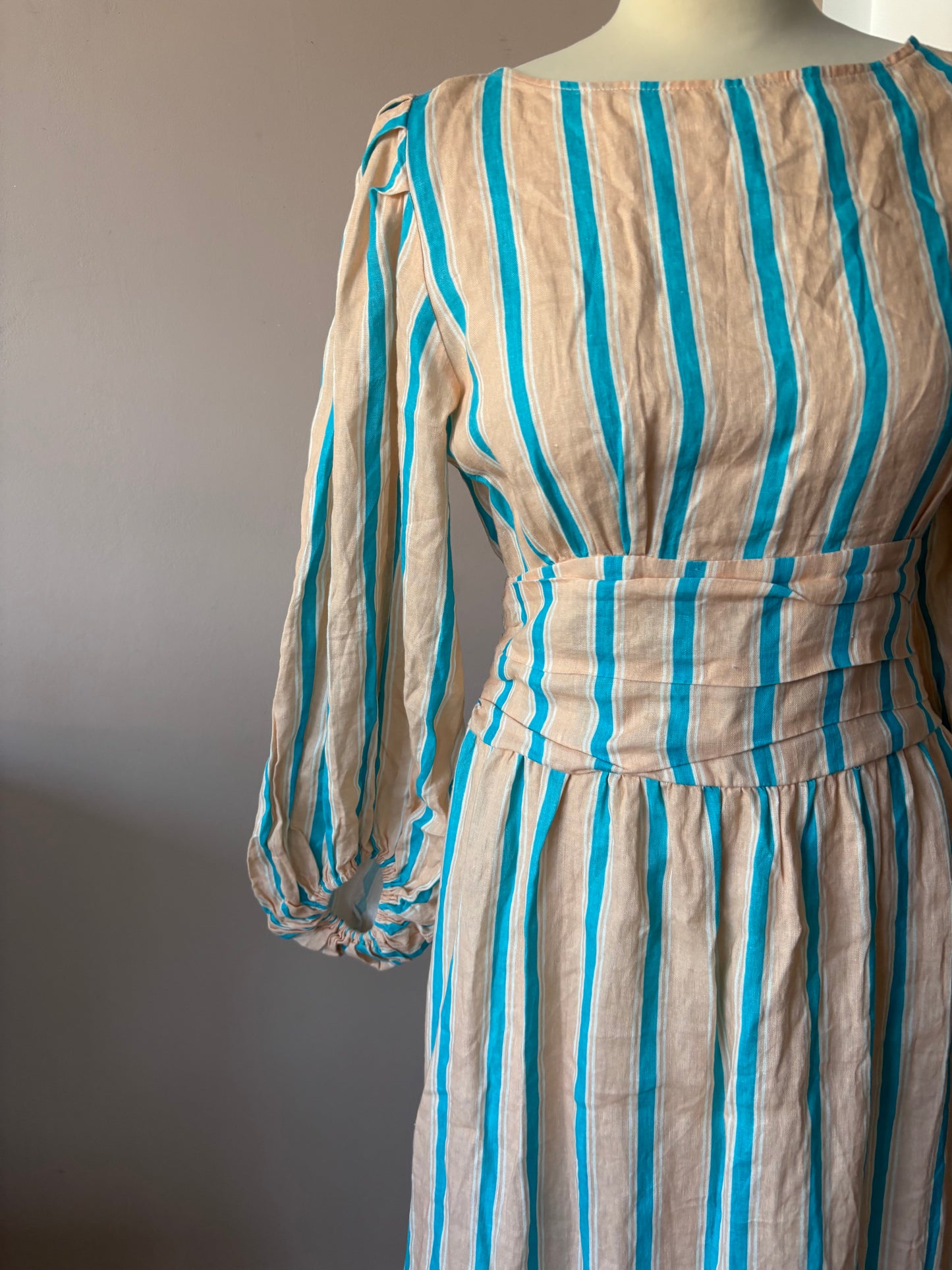100% linen striped backless dress with baggy sleeves and tie waist size 12