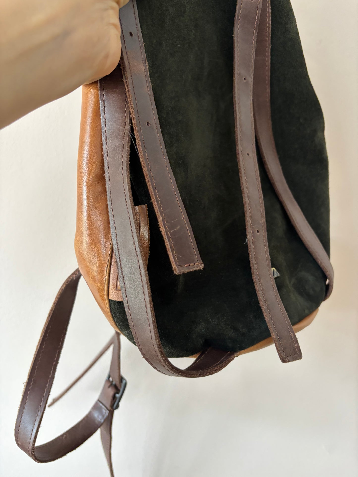 Vintage green suede and brown leather rucksack