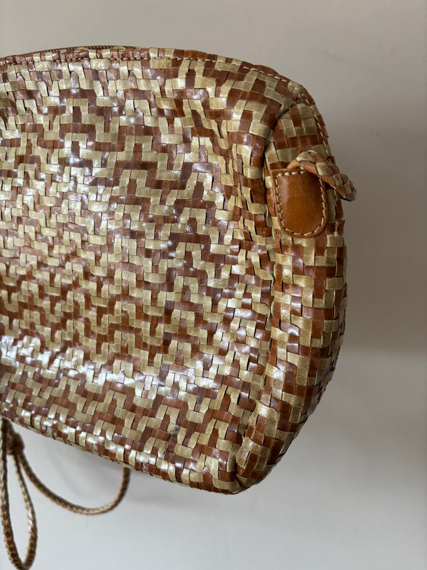 Vintage brown beige leather woven bag