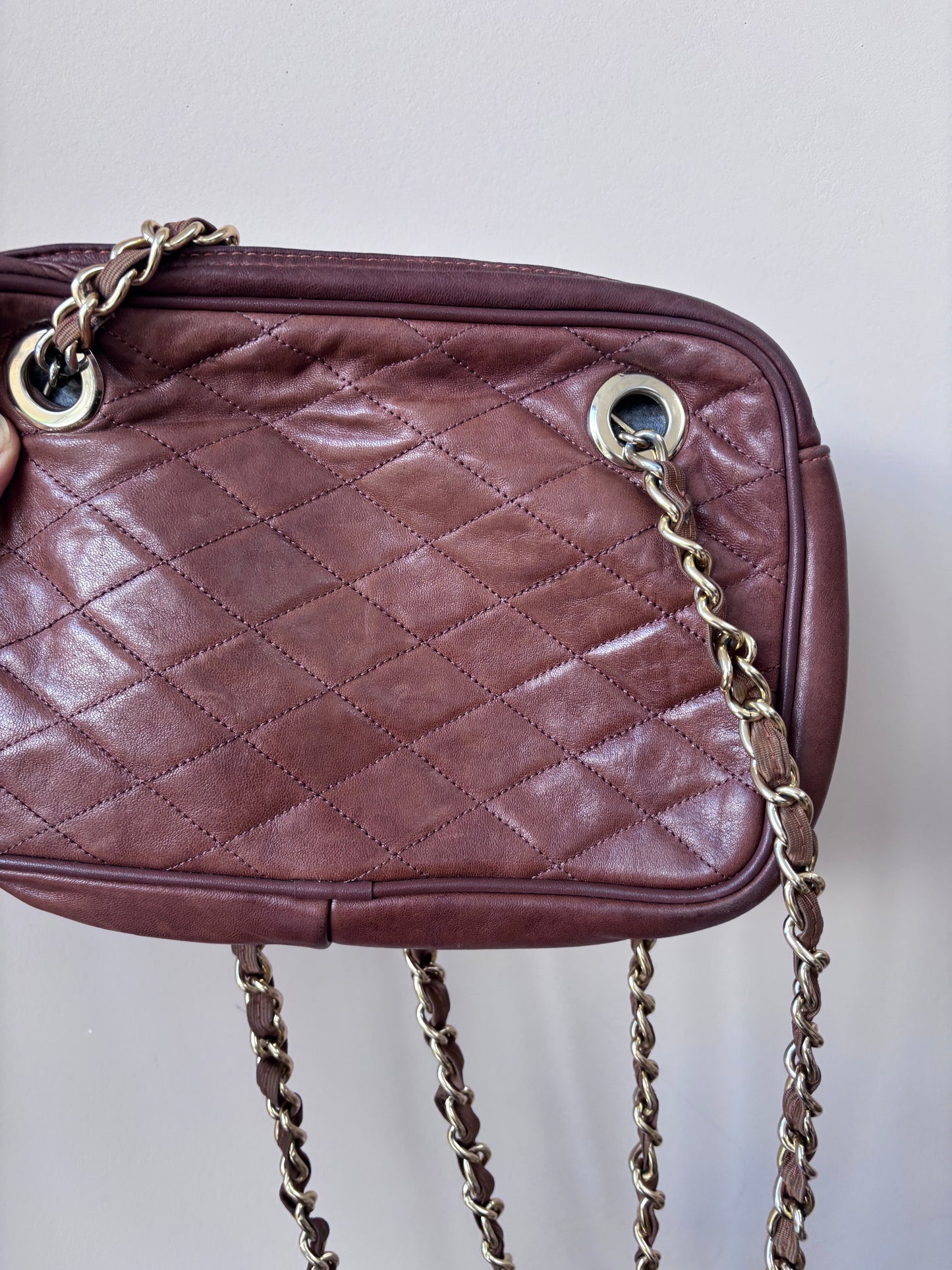Brown quilted leather bag gold chain strap