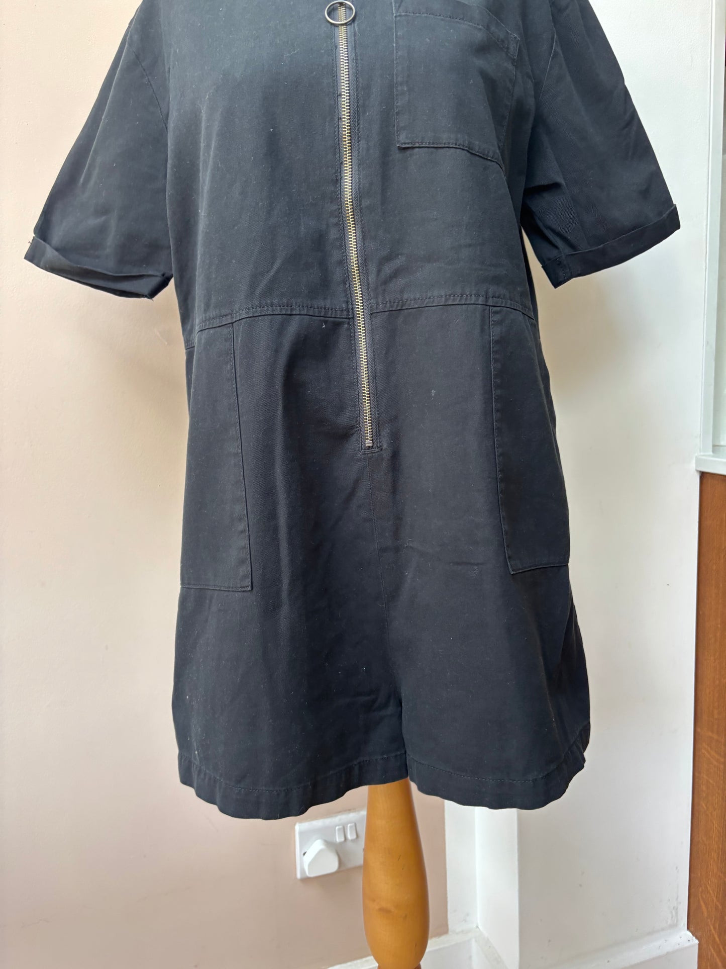 Black 100% cotton zip front playsuit size Medium