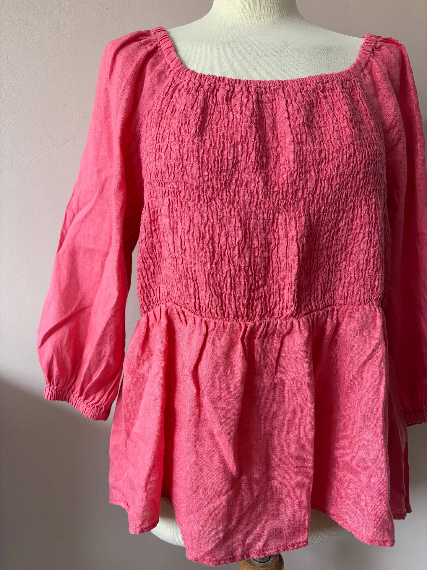 Pink 100% linen puff sleeve blouse with smocking size 16