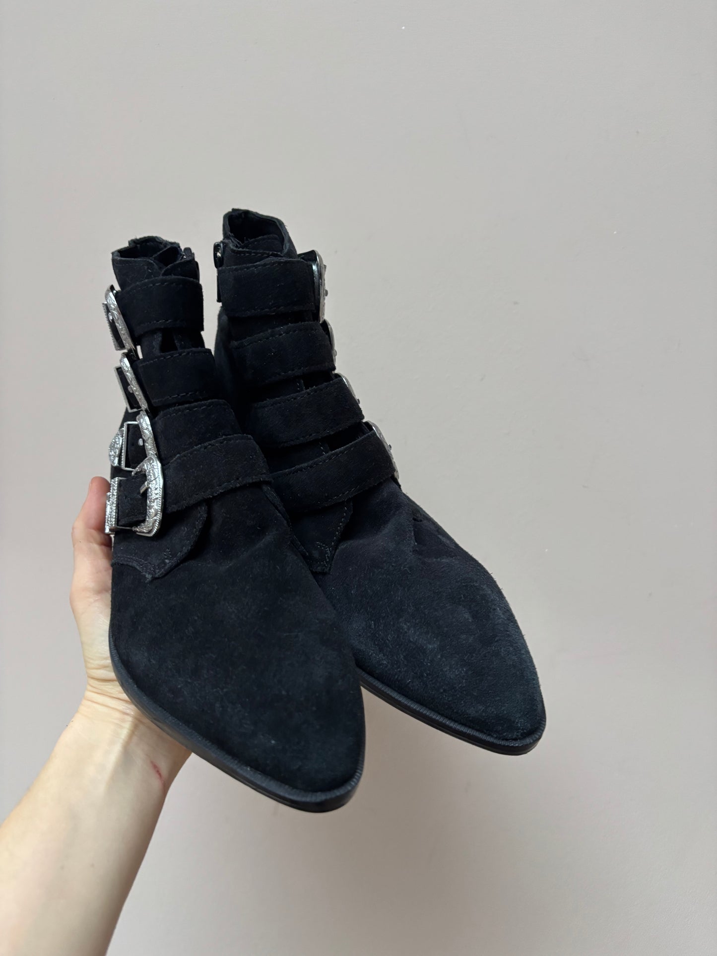 Black suede silver buckle ankle boots size UK6