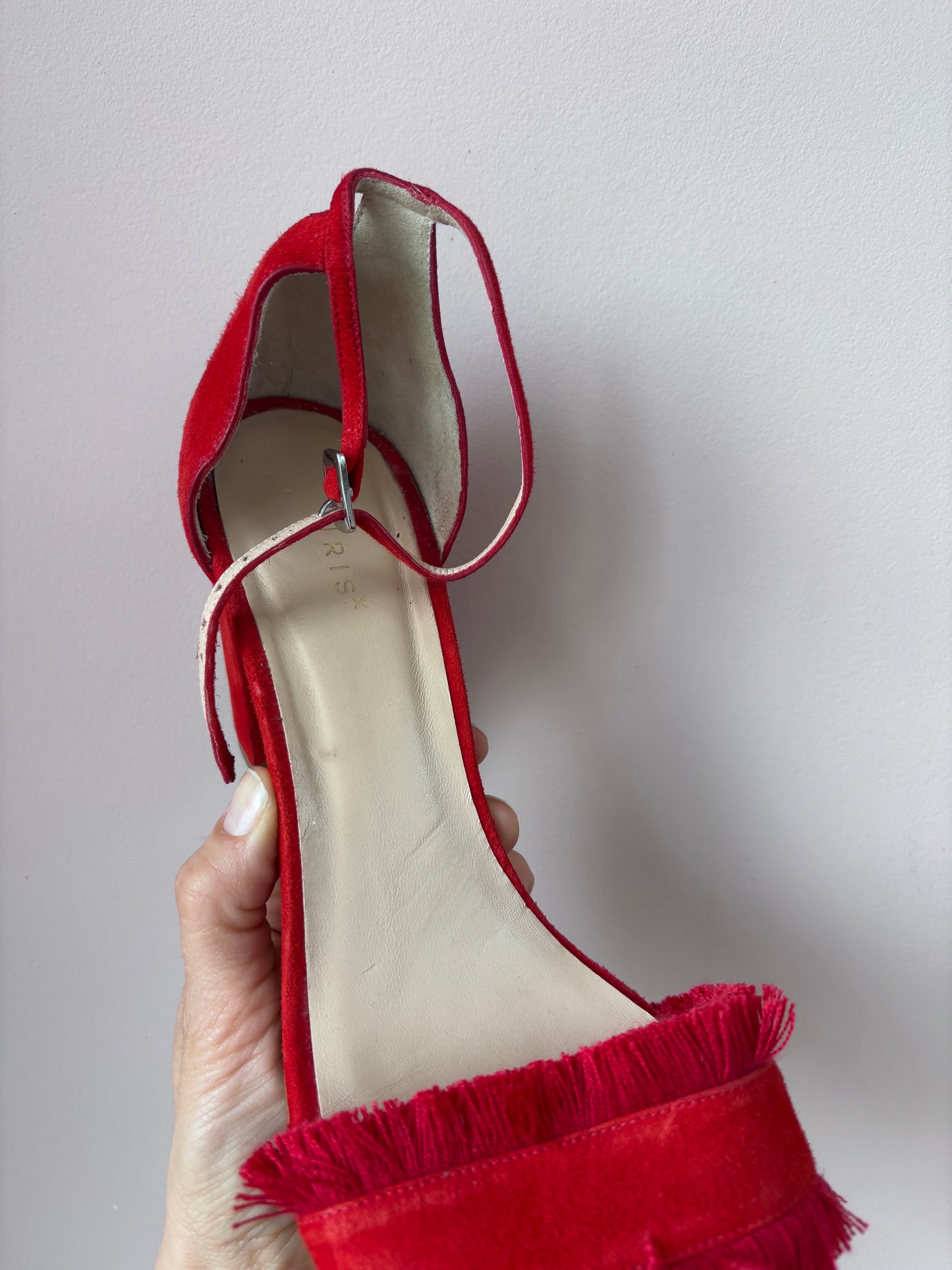 Red and orange suede tassel heels size UK8