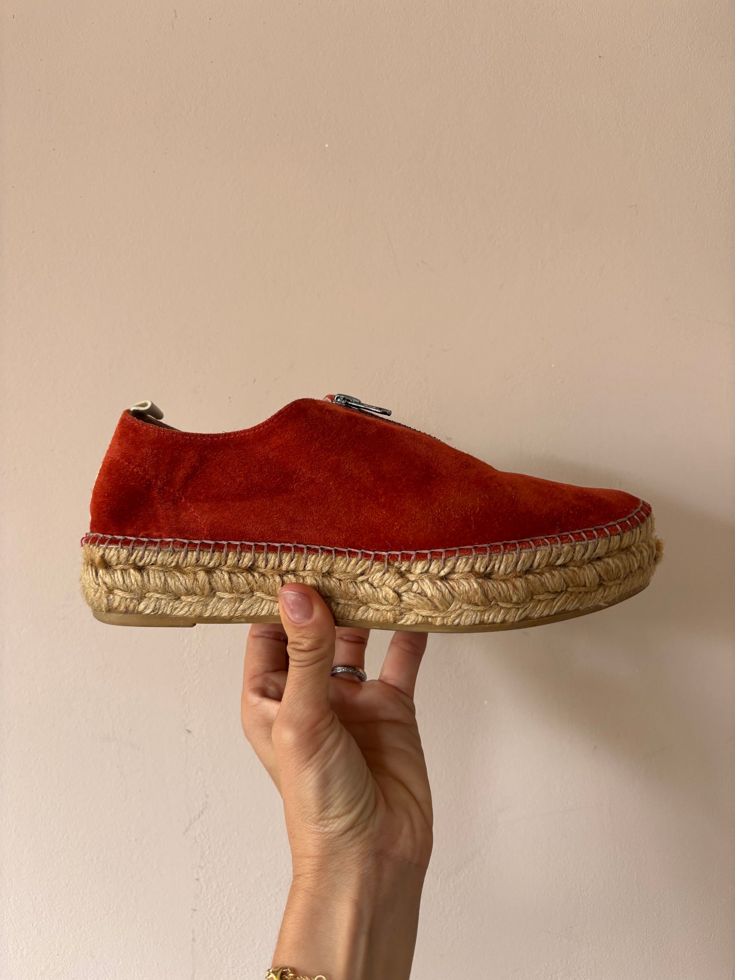 Orange suede zip front espadrilles size 5