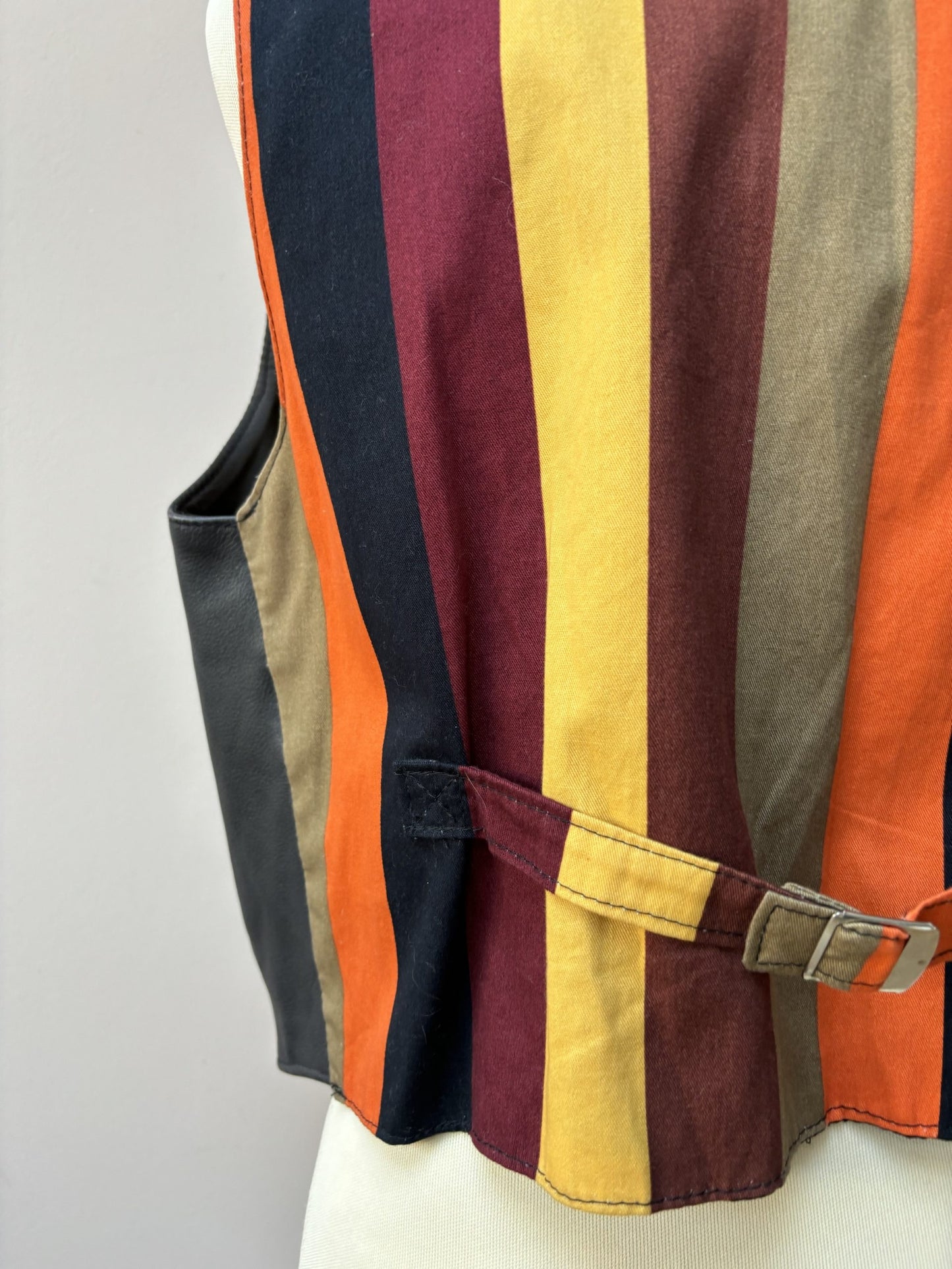 Black leather waistcoat with colourful striped back size 10-14