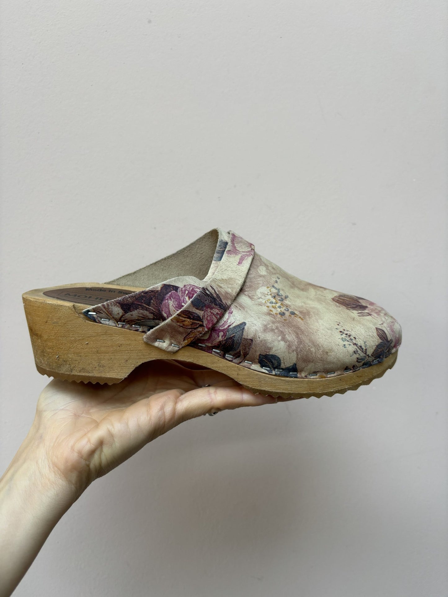 Swedish floral leather wooden clogs size UK6