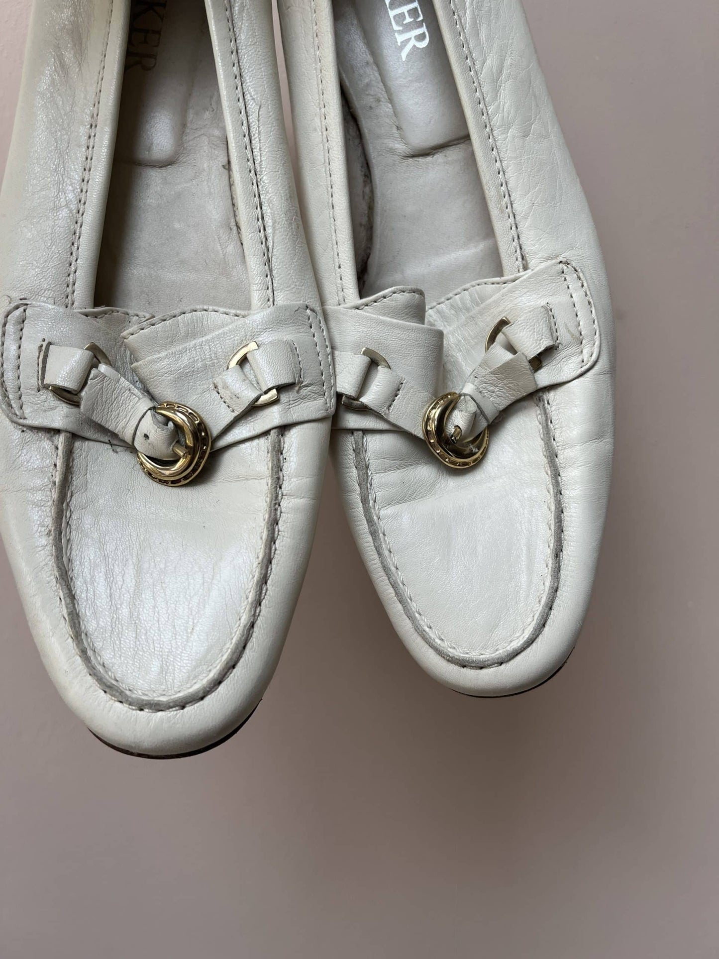 White leather mules with gold buckle size uk4.5