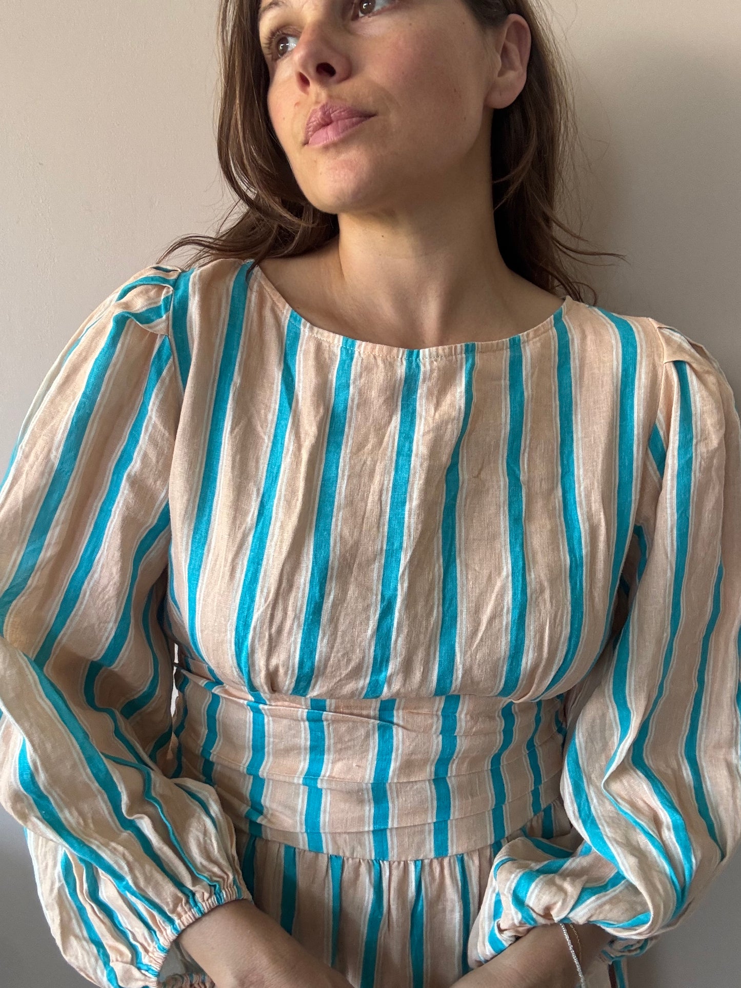 100% linen striped backless dress with baggy sleeves and tie waist size 12