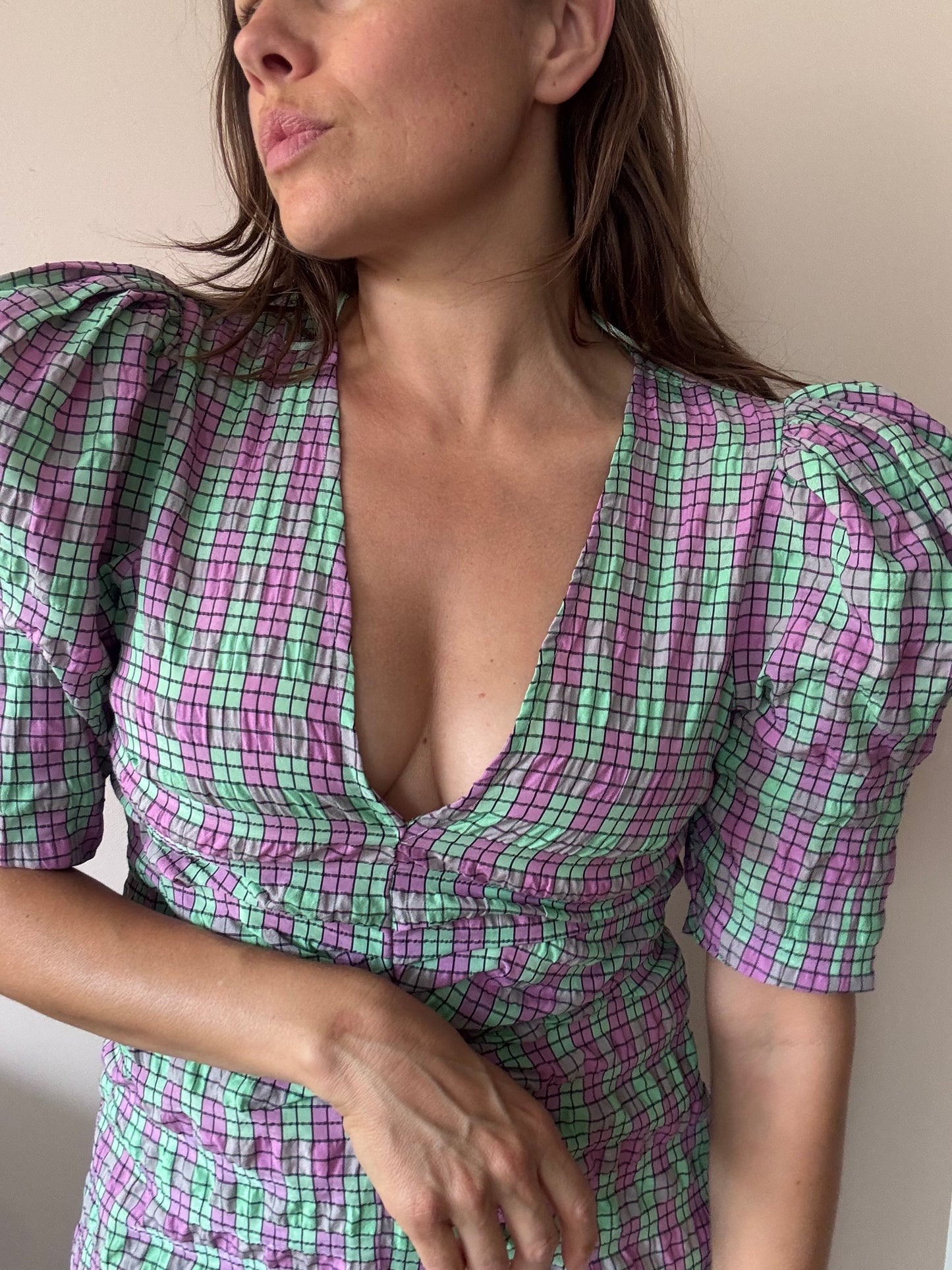 Green pink check dress with puff sleeves size Medium
