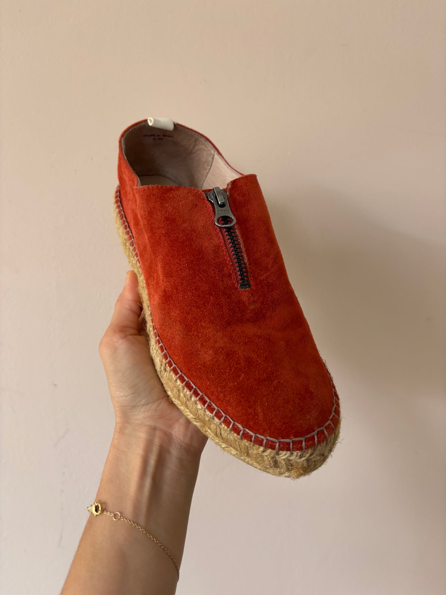 Orange suede zip front espadrilles size 5