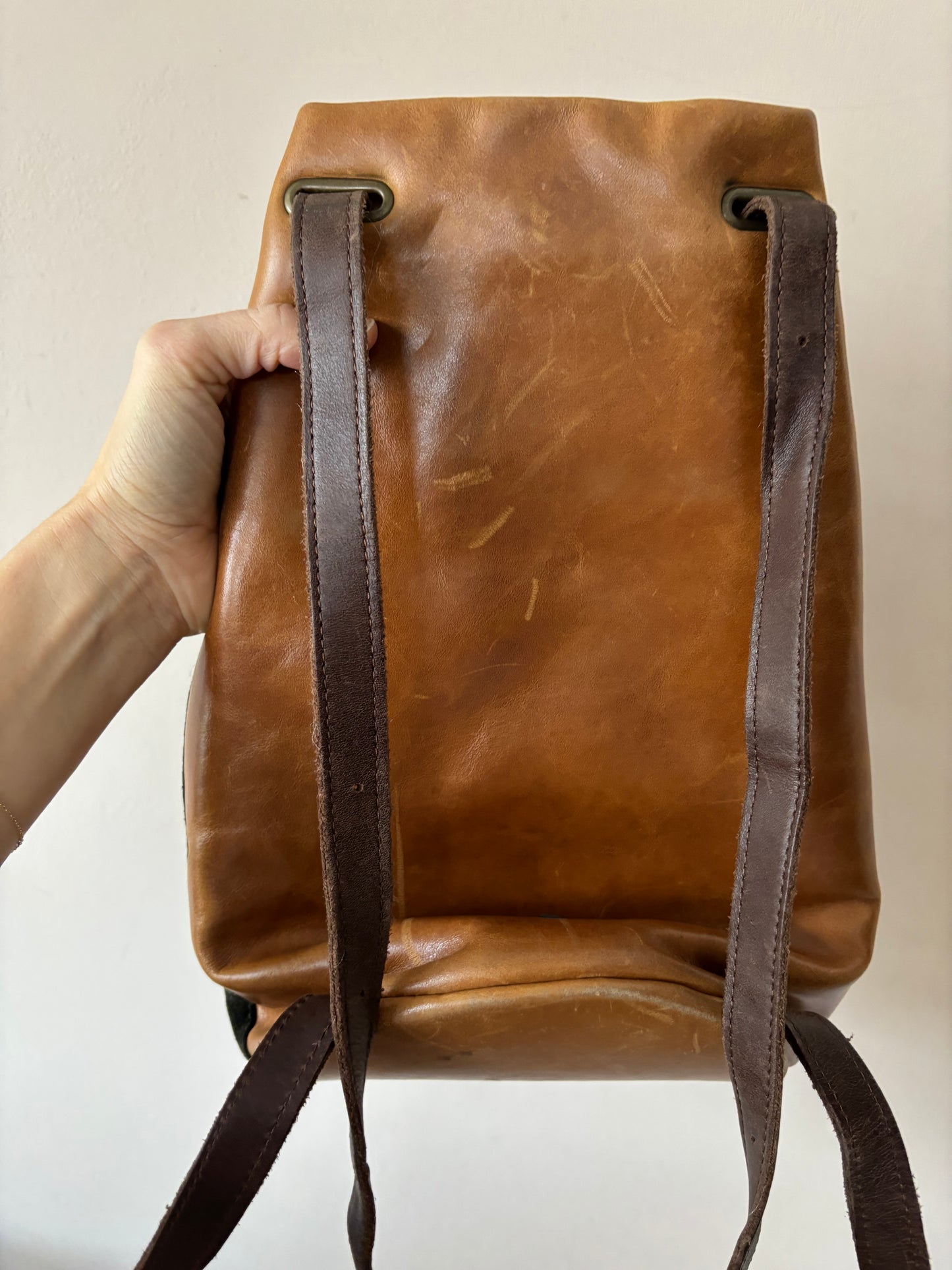 Vintage green suede and brown leather rucksack