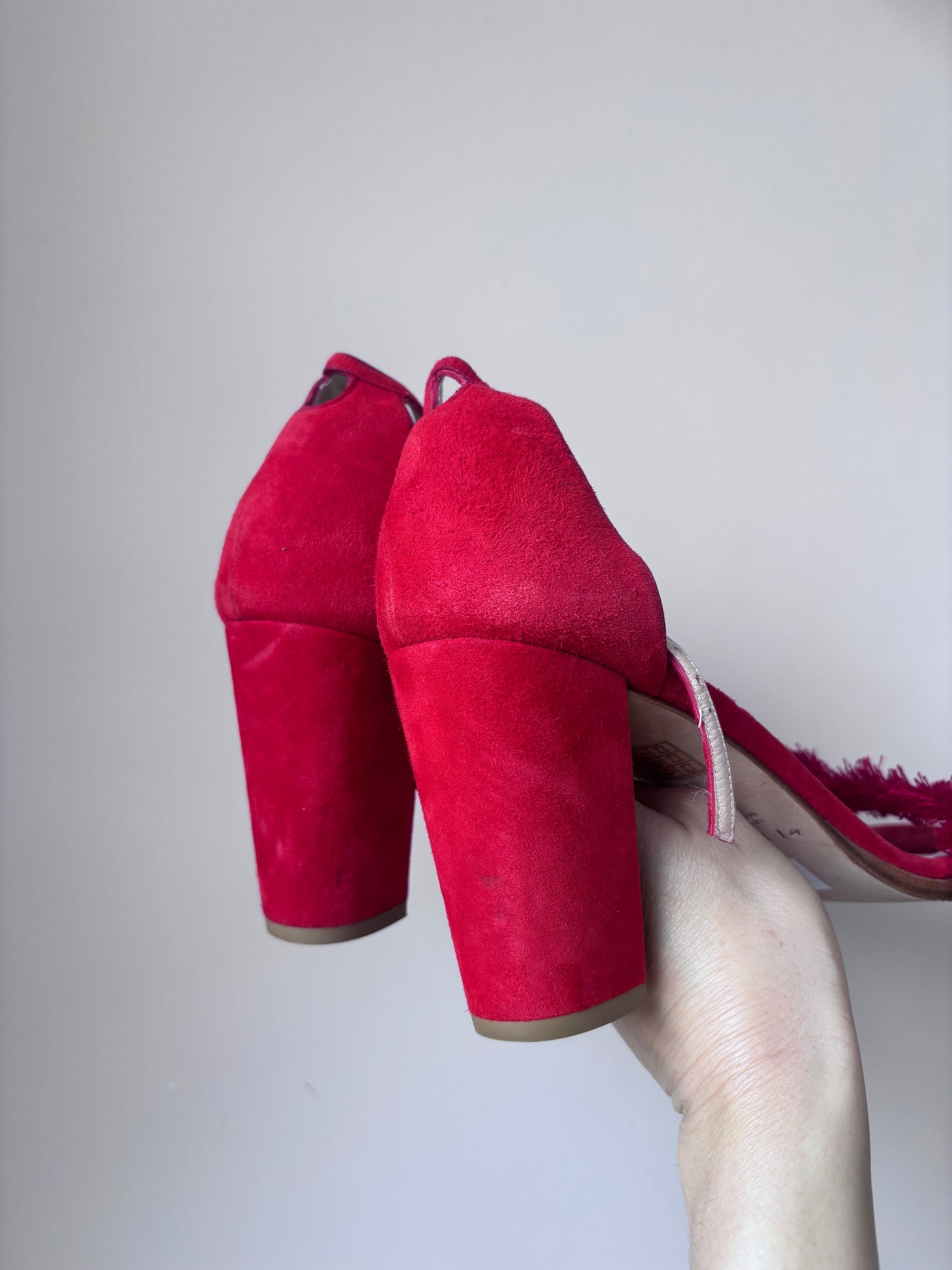 Red and orange suede tassel heels size UK8