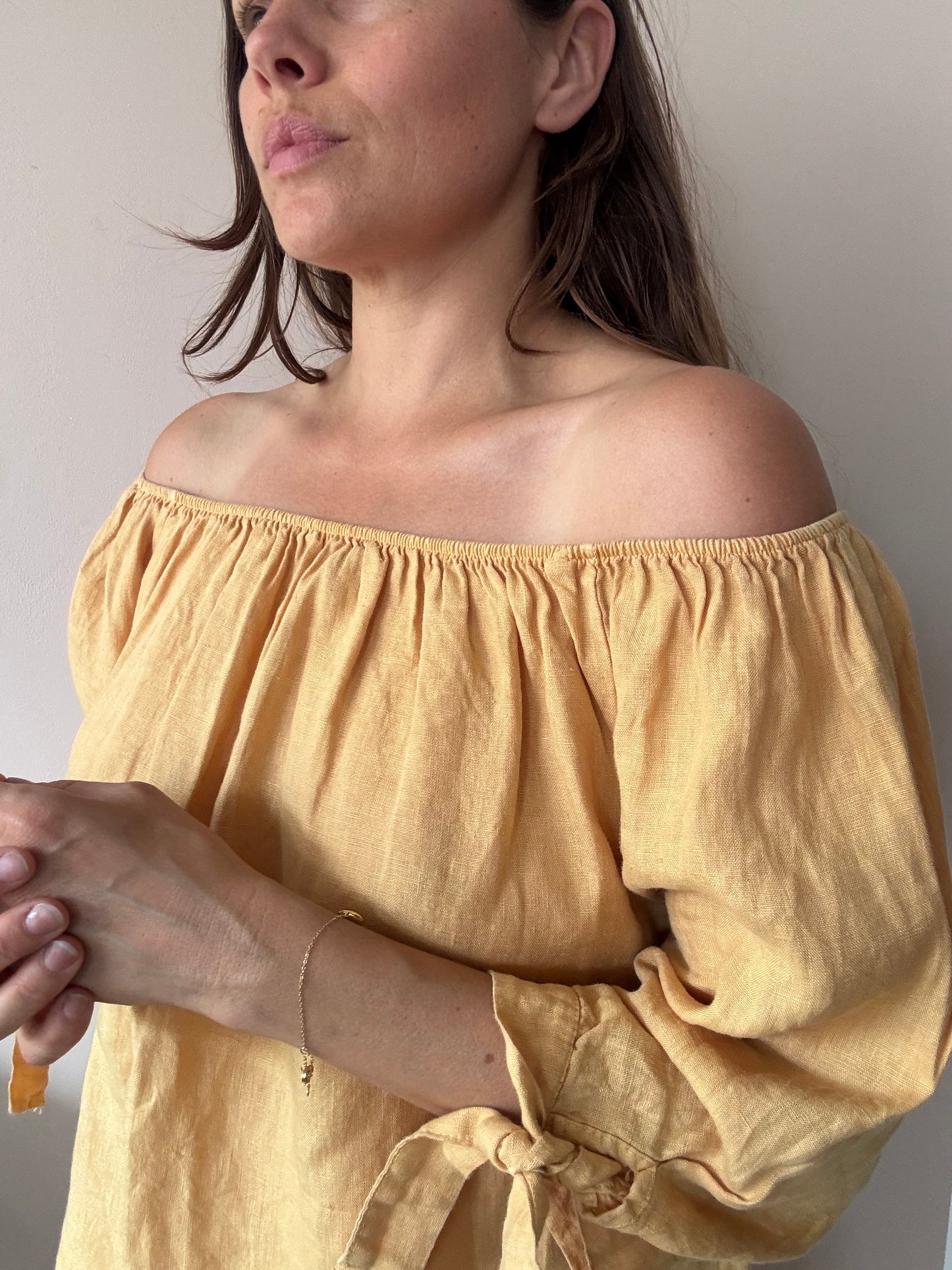Mustard yellow 100% linen off the shoulder top size Large
