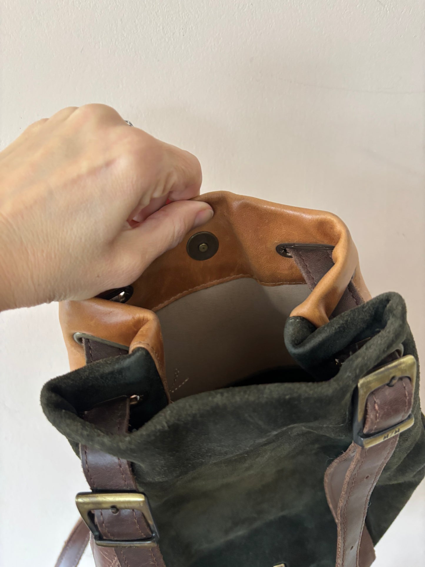 Vintage green suede and brown leather rucksack