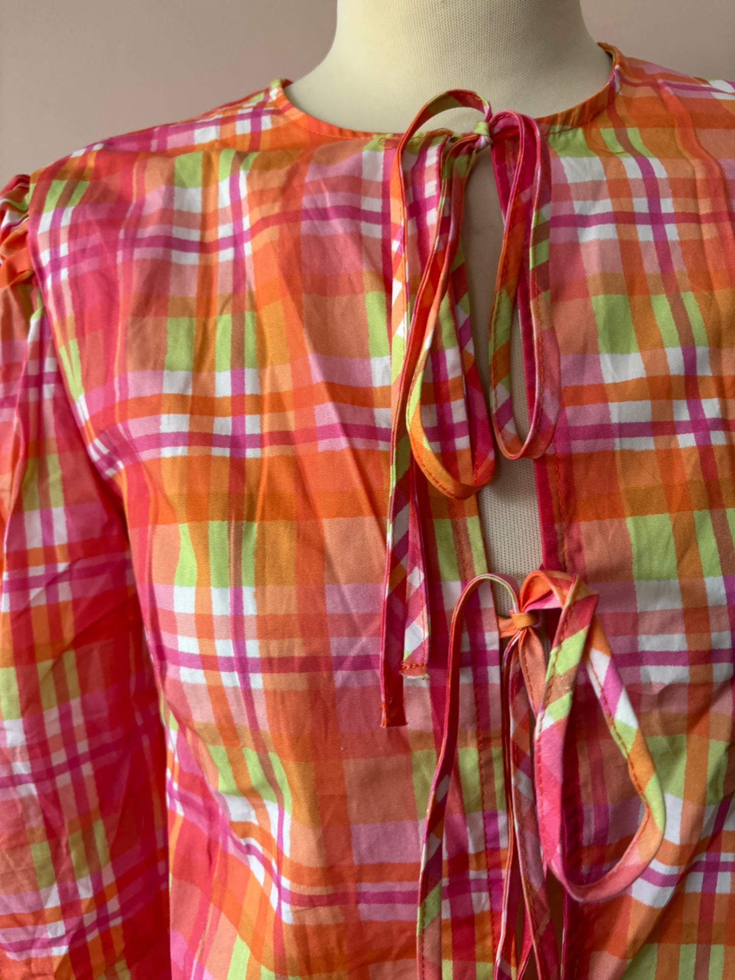 Multicoloured check puff sleeve front tie top size 12/14