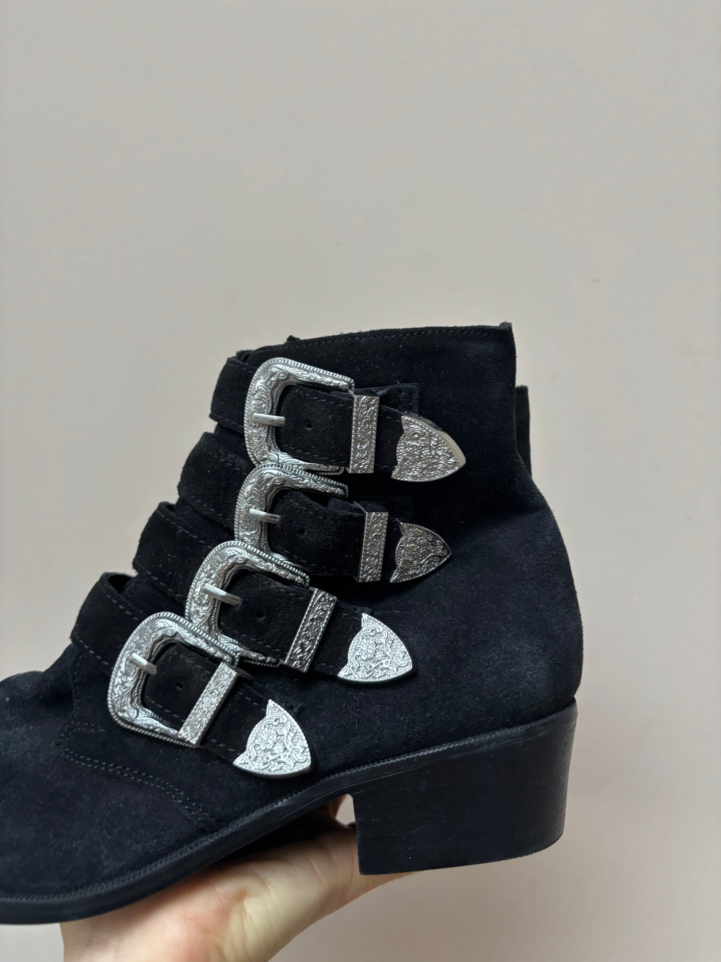 Black suede silver buckle ankle boots size UK6