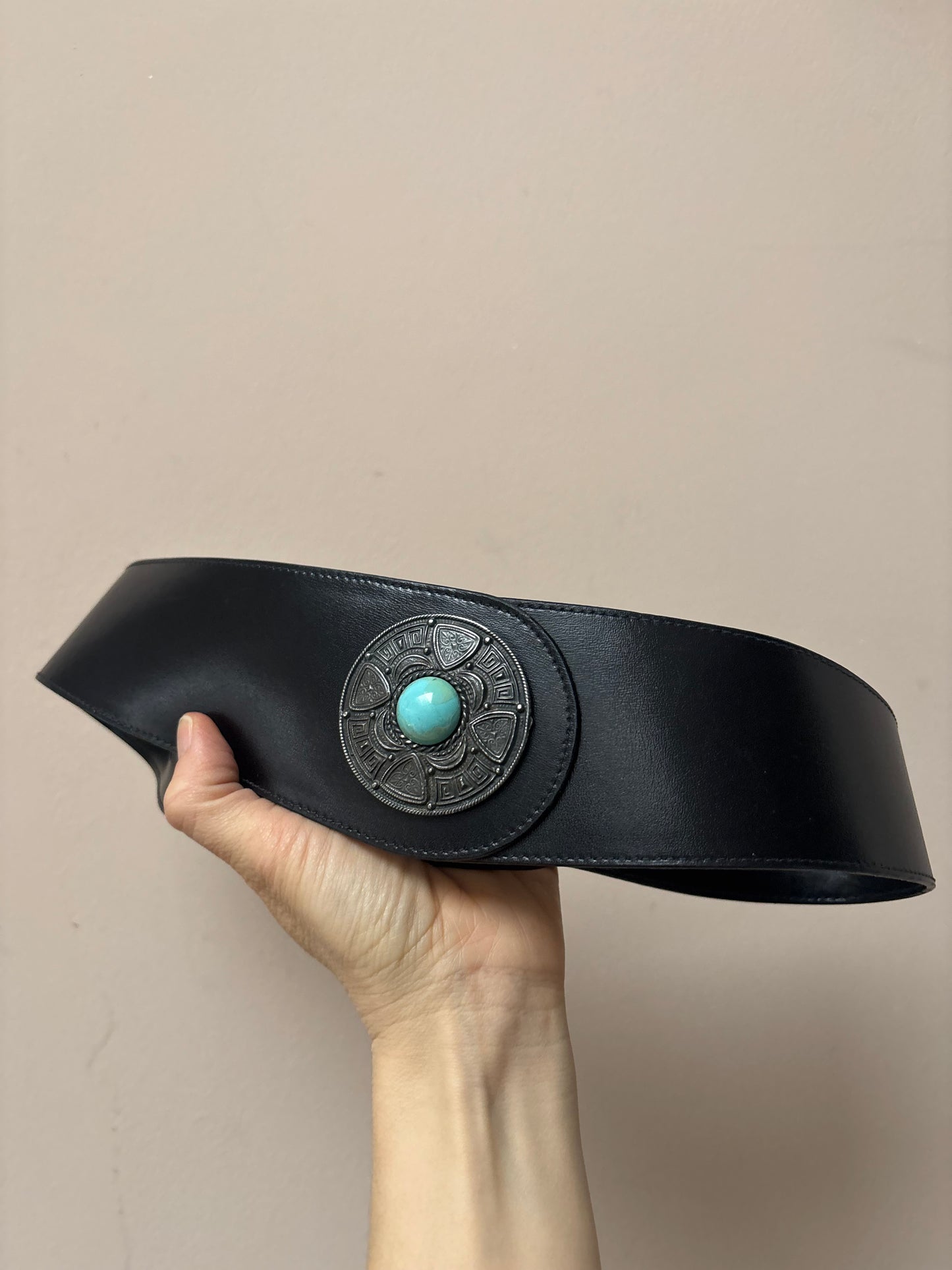 Vintage black leather waist belt size Small