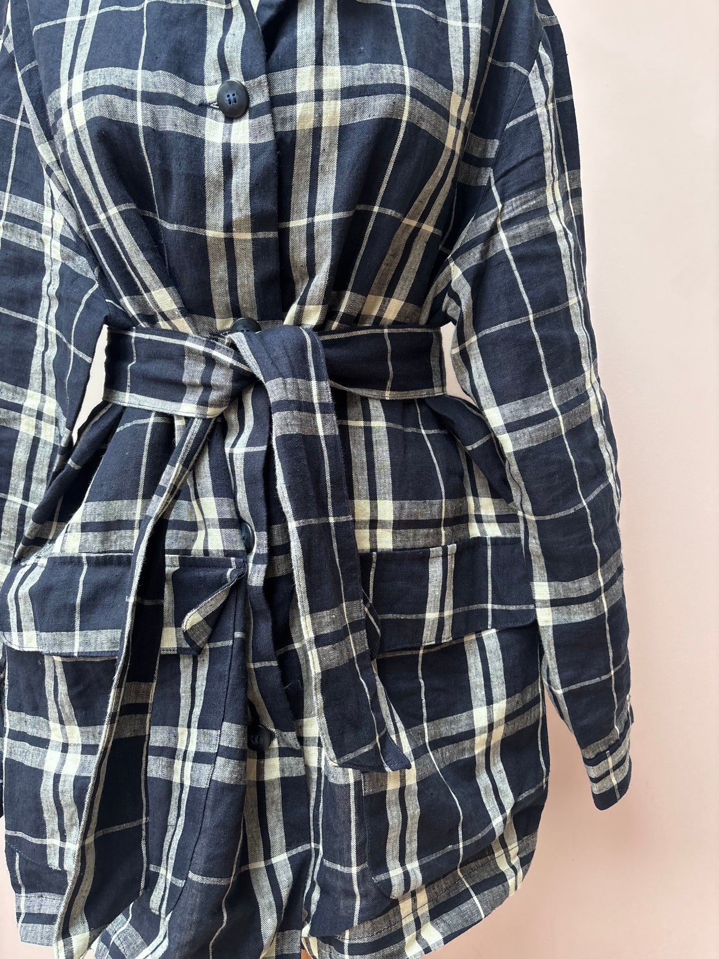 Vintage 100% linen check belted shirt jacket size 14/16