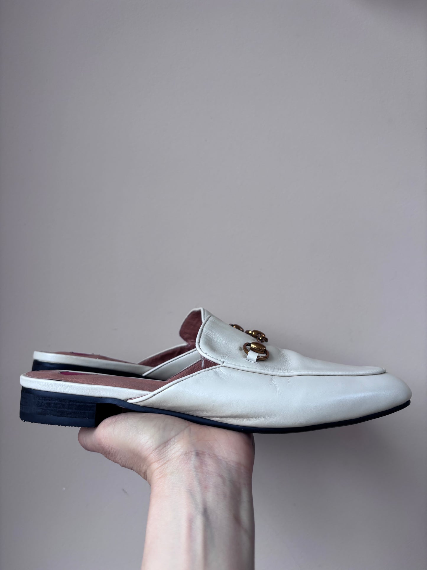 Cream leather brass buckle shoes size UK5
