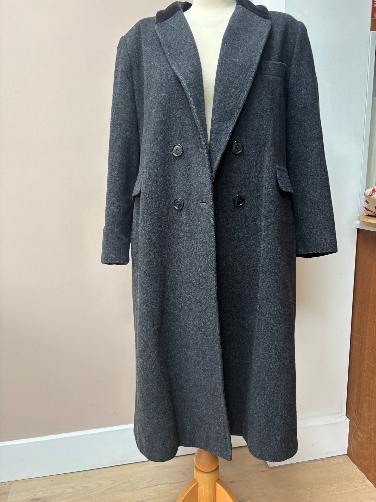 Charcoal grey wool coat velvet collar size 12