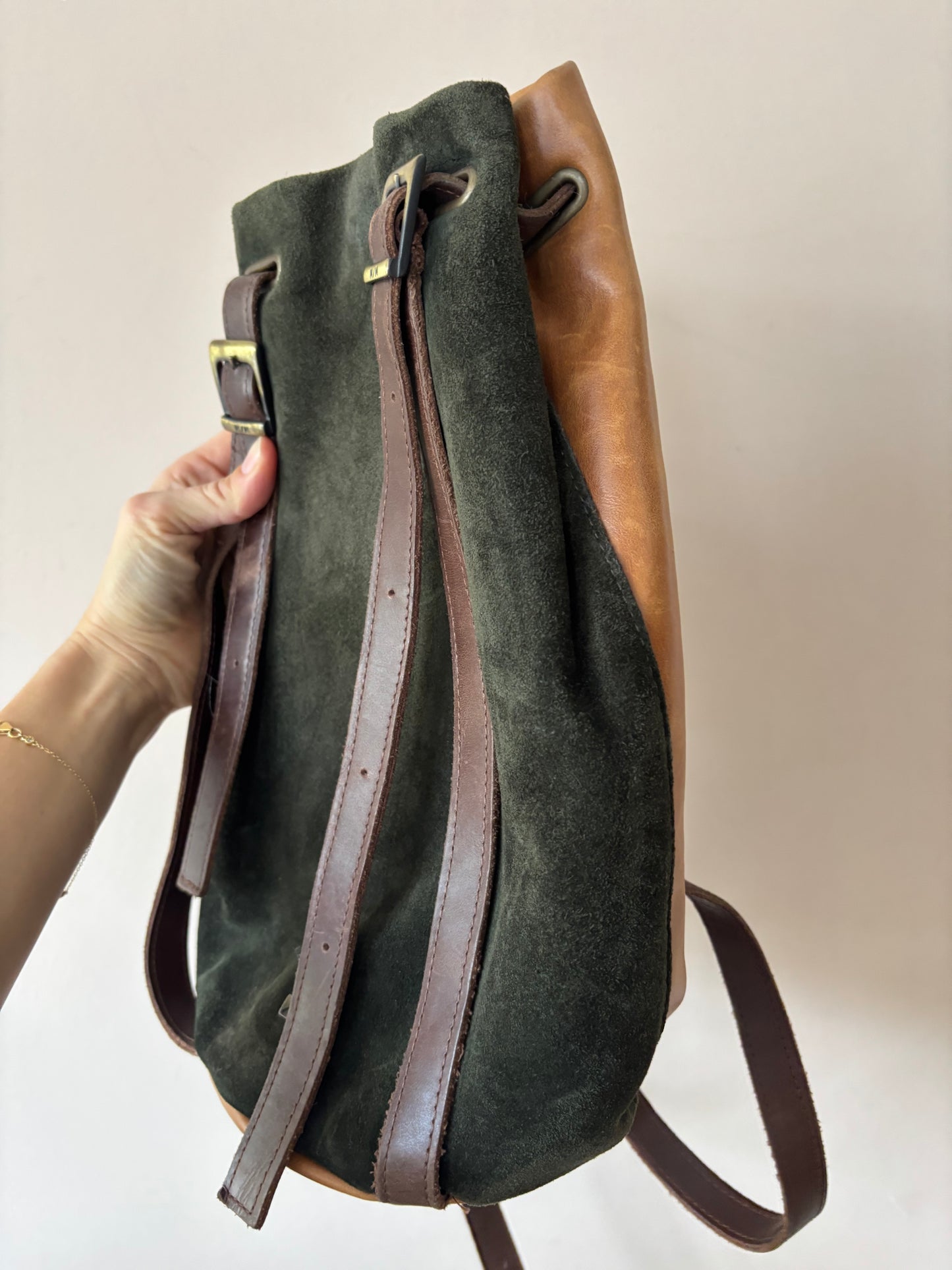 Vintage green suede and brown leather rucksack