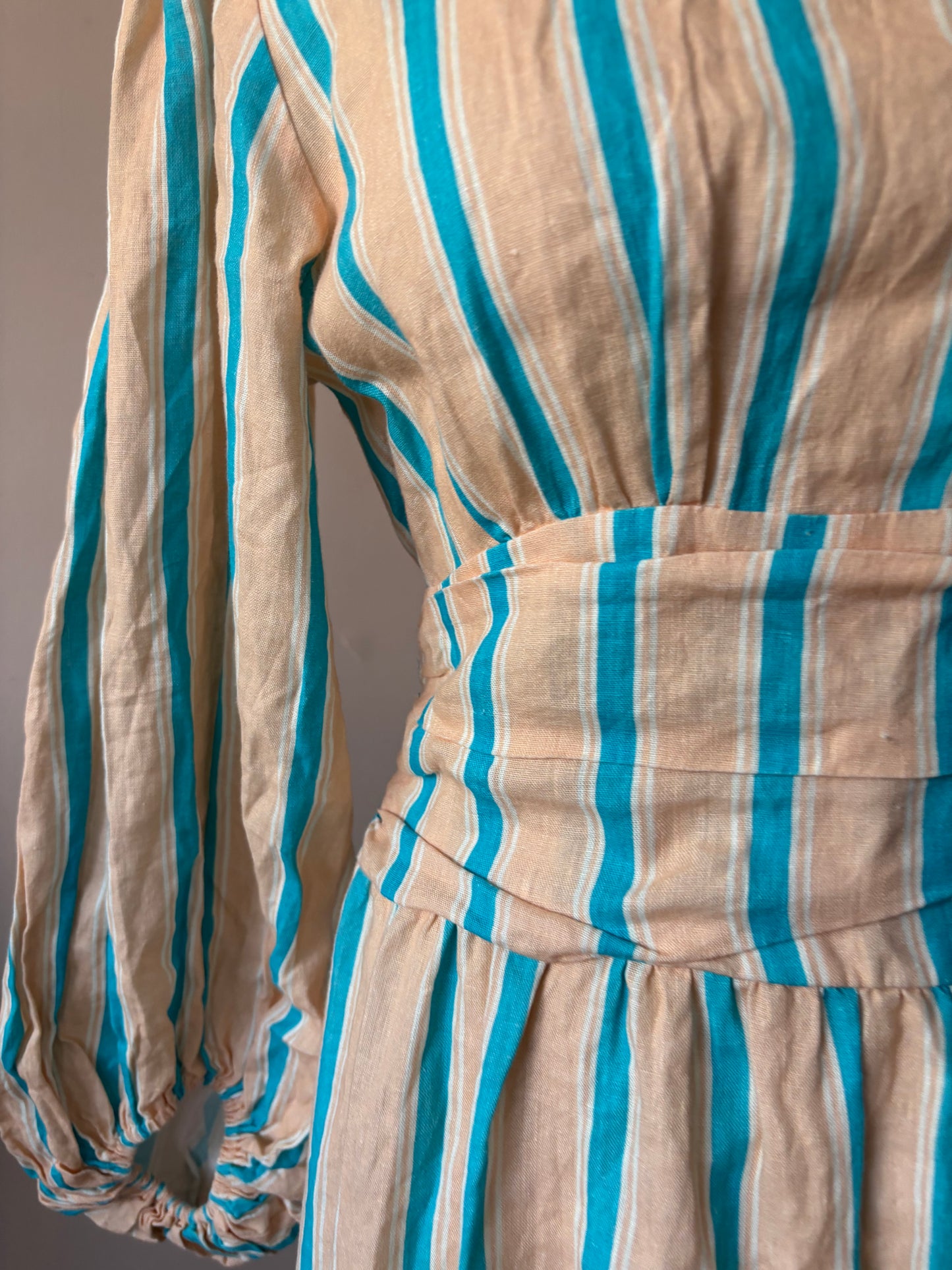 100% linen striped backless dress with baggy sleeves and tie waist size 12