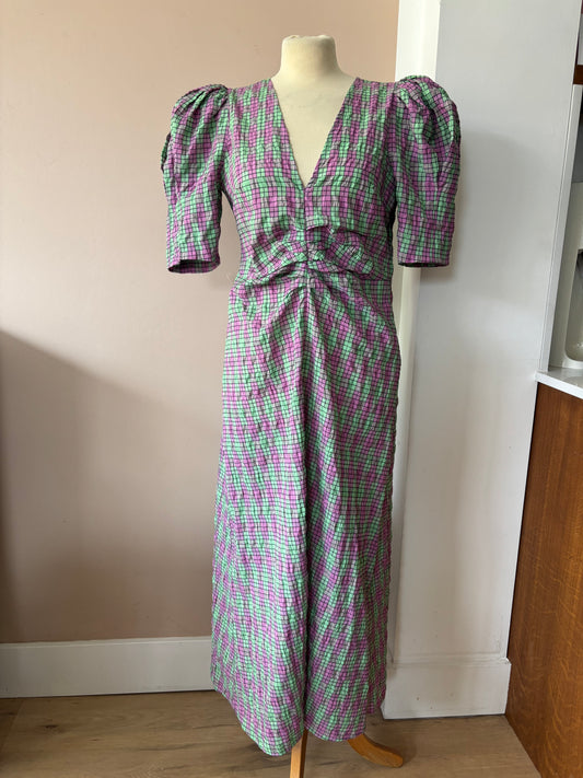 Pink green check puff sleeve dress size Large BNWT
