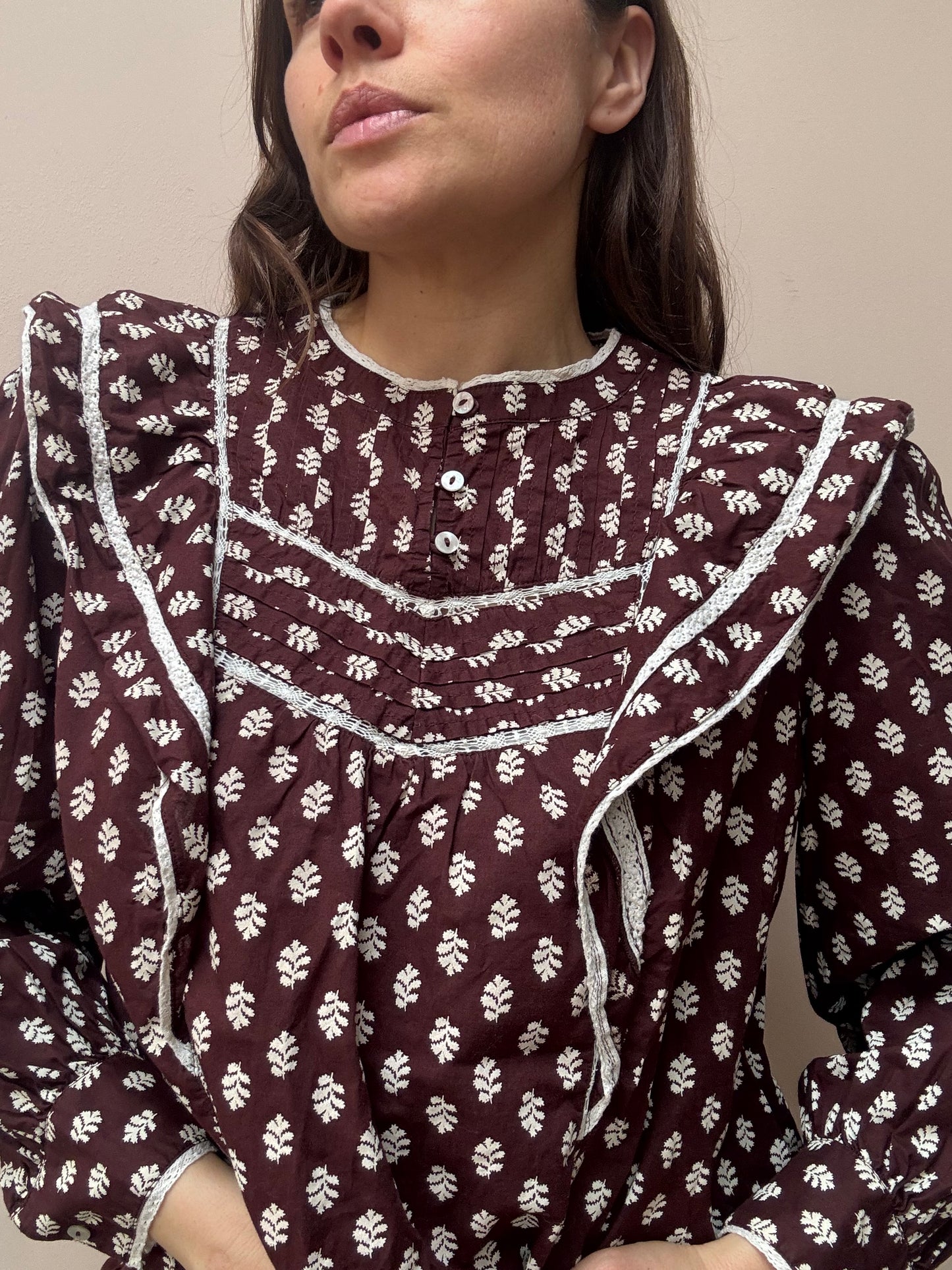 Brown frill 100% cotton blouse size 14/16