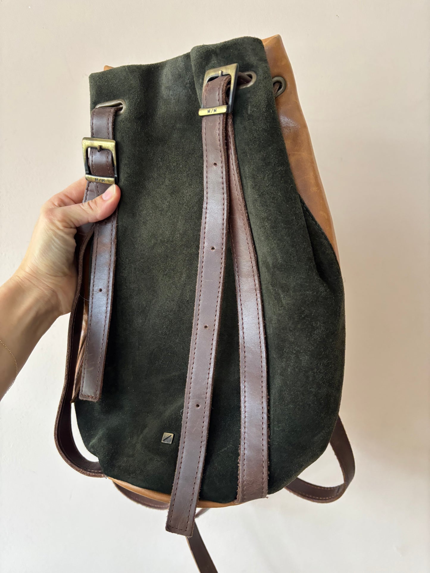 Vintage green suede and brown leather rucksack