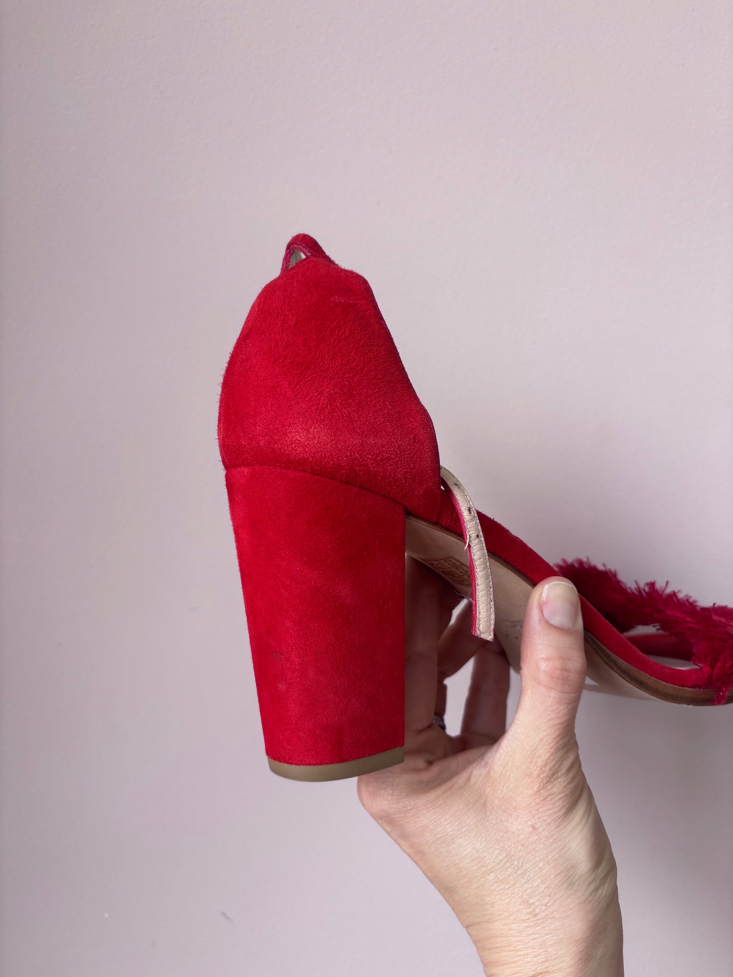 Red and orange suede tassel heels size UK8