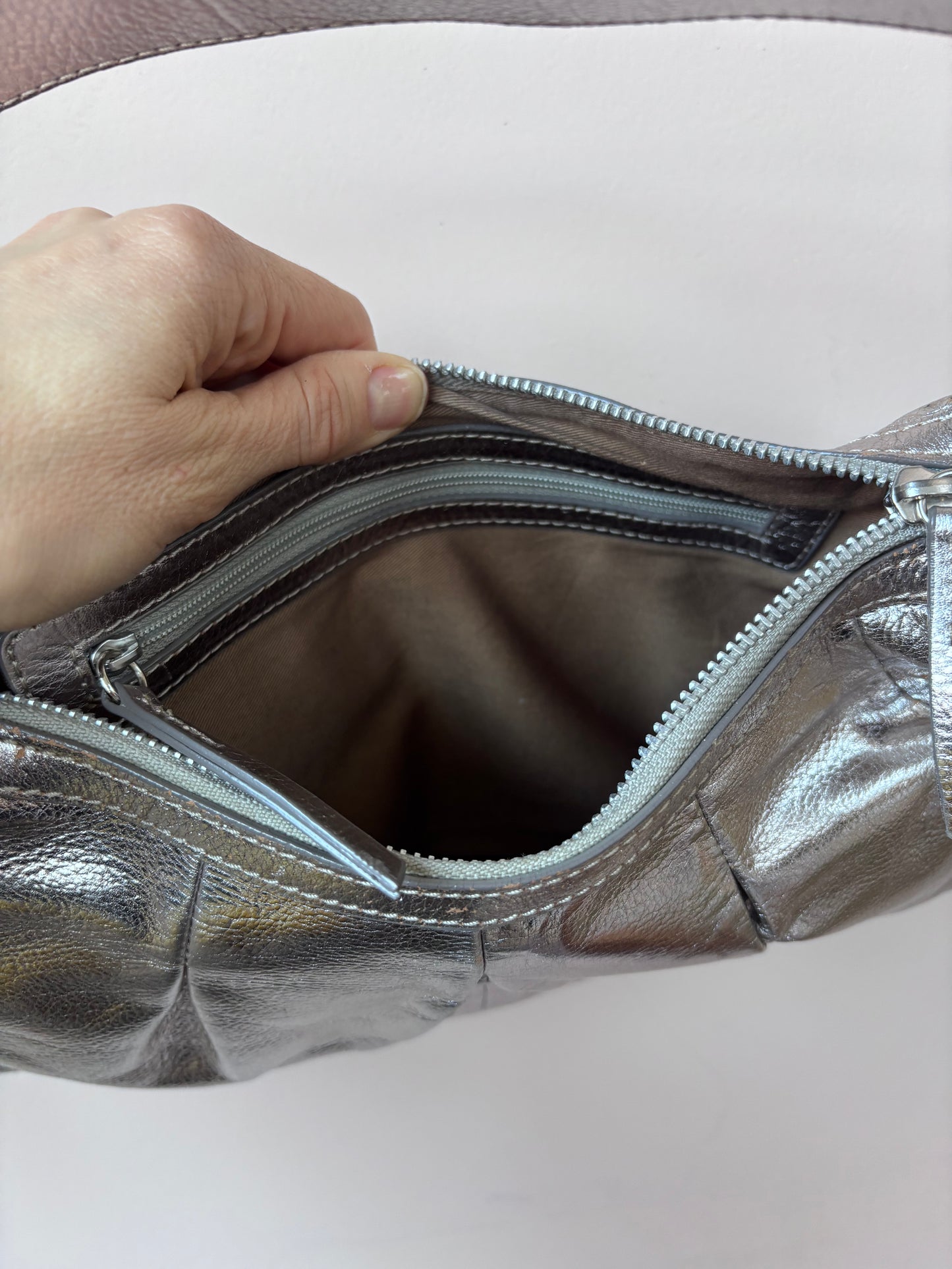 Silver leather handbag