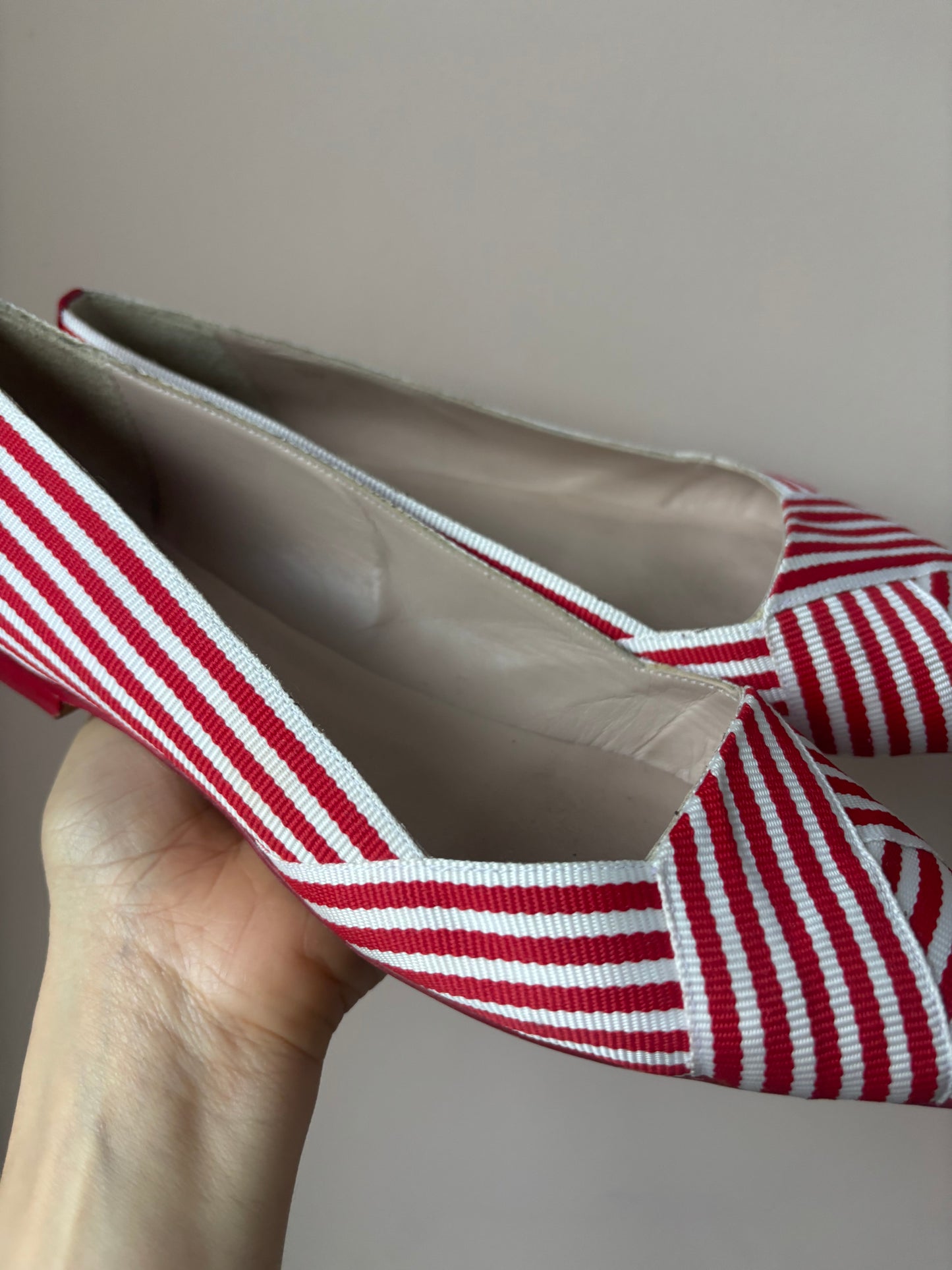 Red white striped flat shoes size 38.5