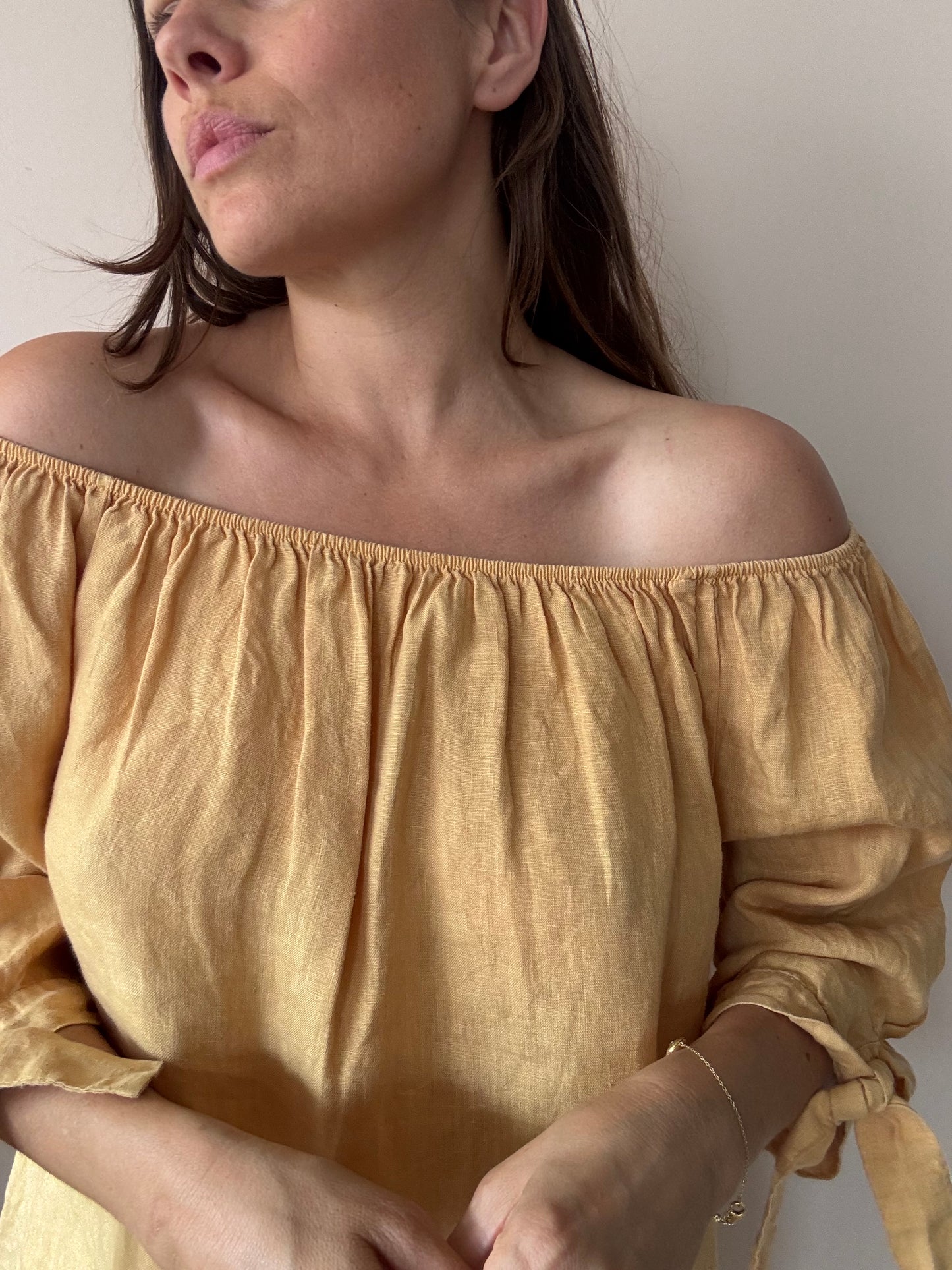 Mustard yellow 100% linen off the shoulder top size Large