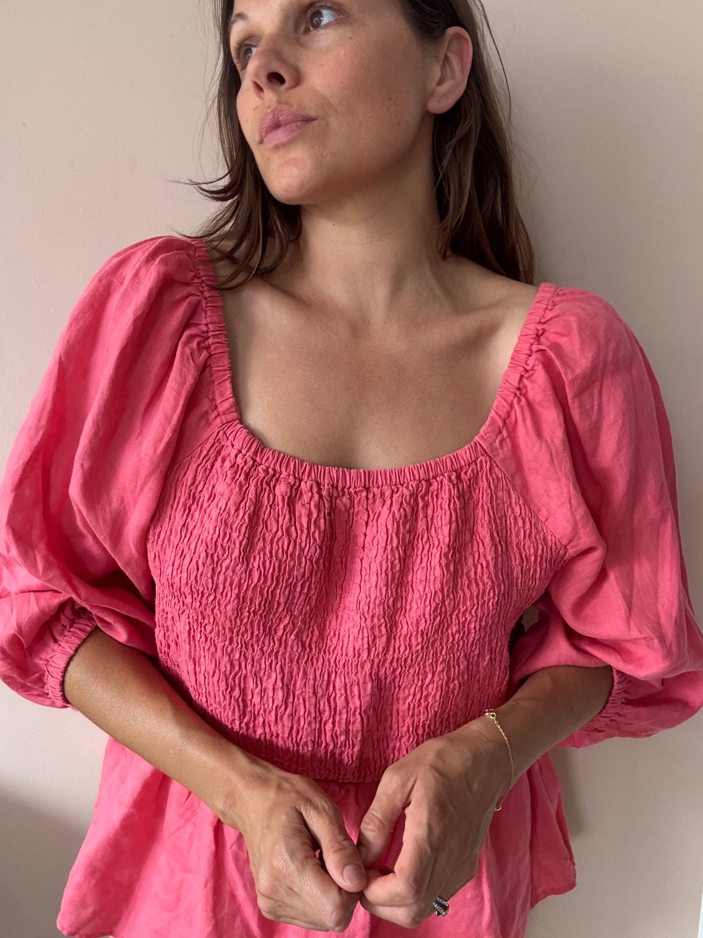 Pink 100% linen puff sleeve blouse with smocking size 16