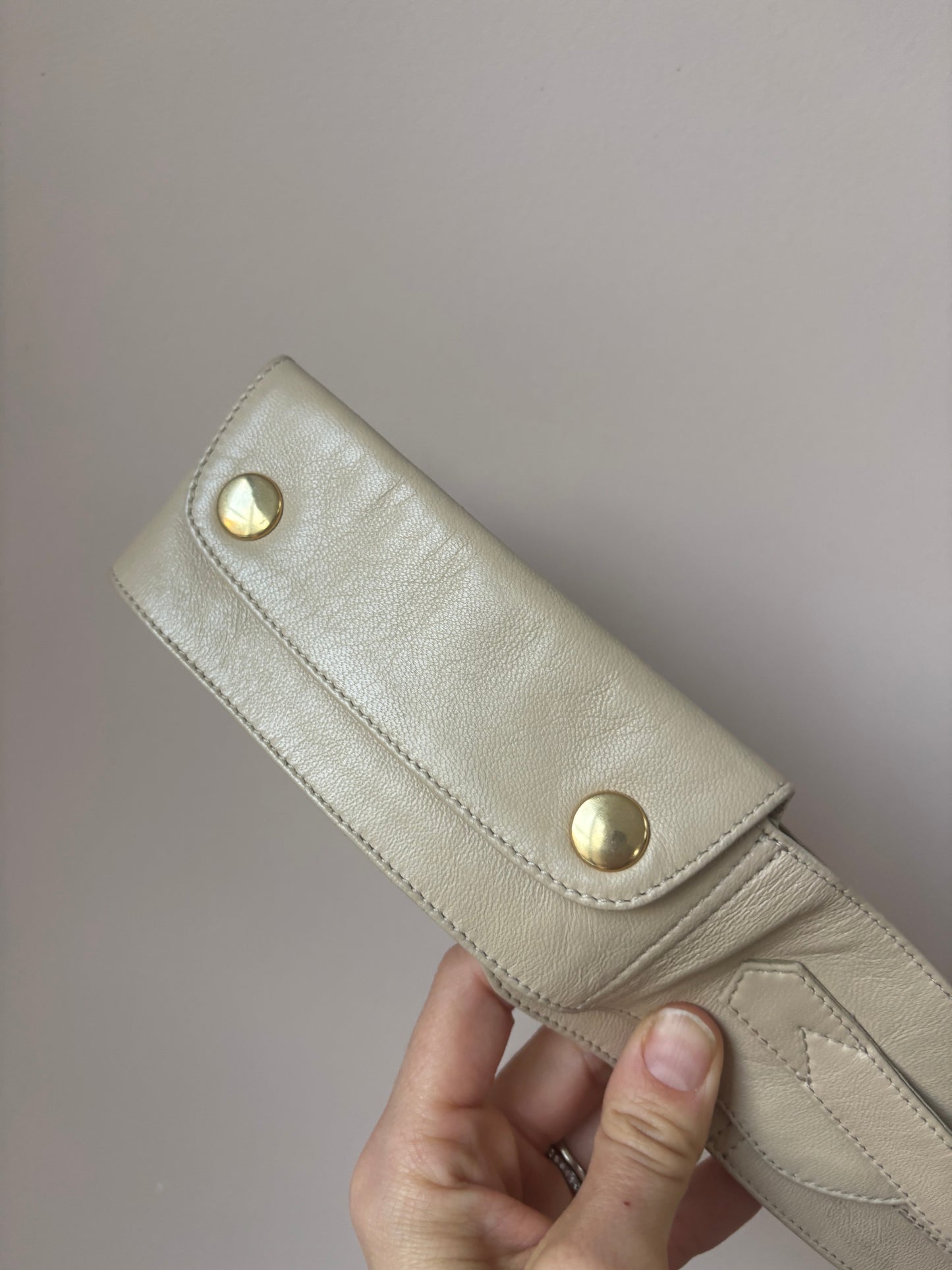 Vintage cream beige leather belt with pockets