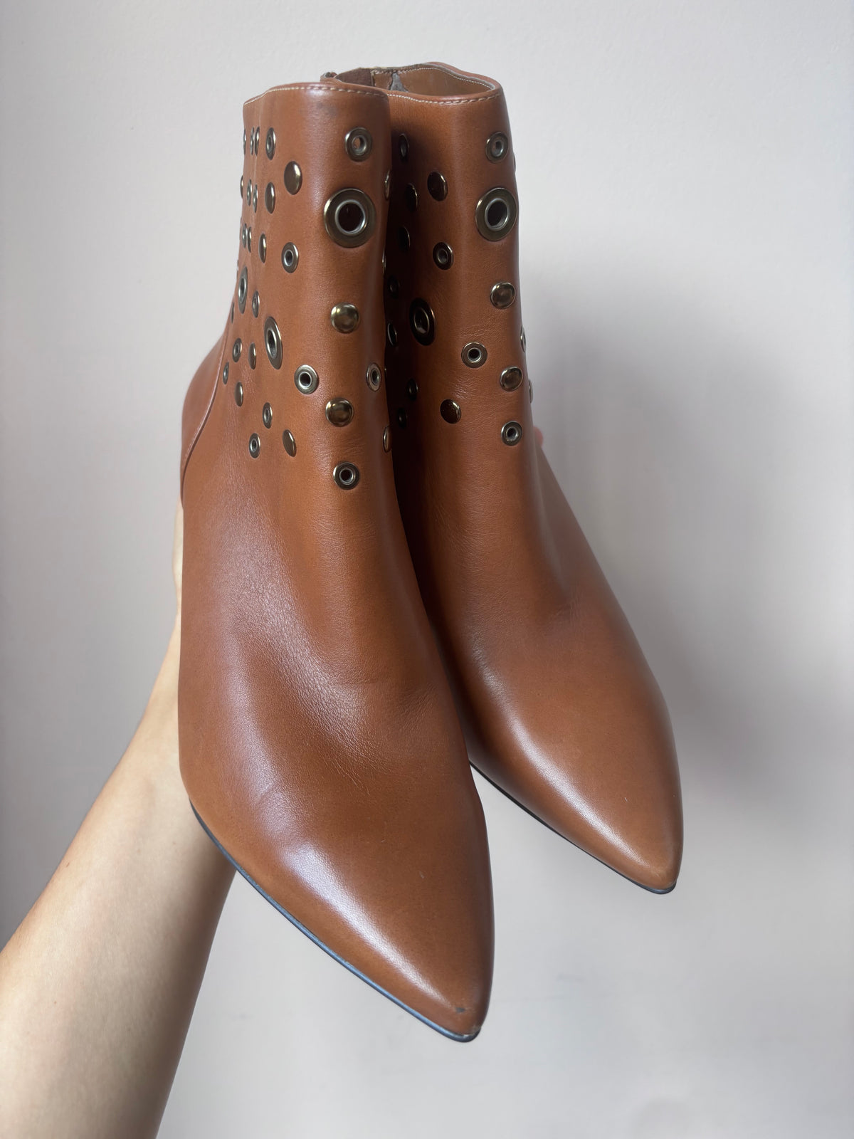 Brown leather studded heeled boots size 5.5