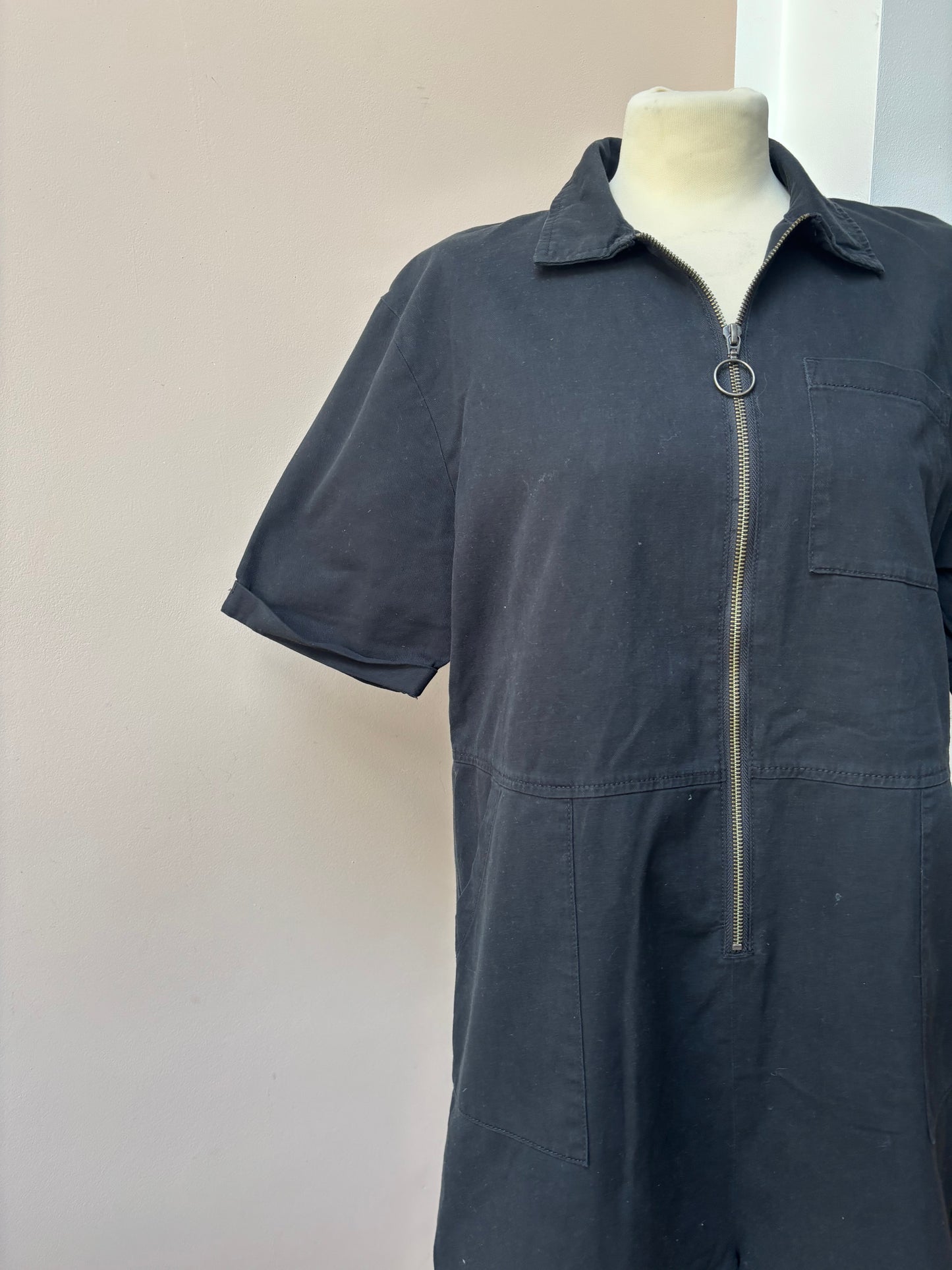 Black 100% cotton zip front playsuit size Medium