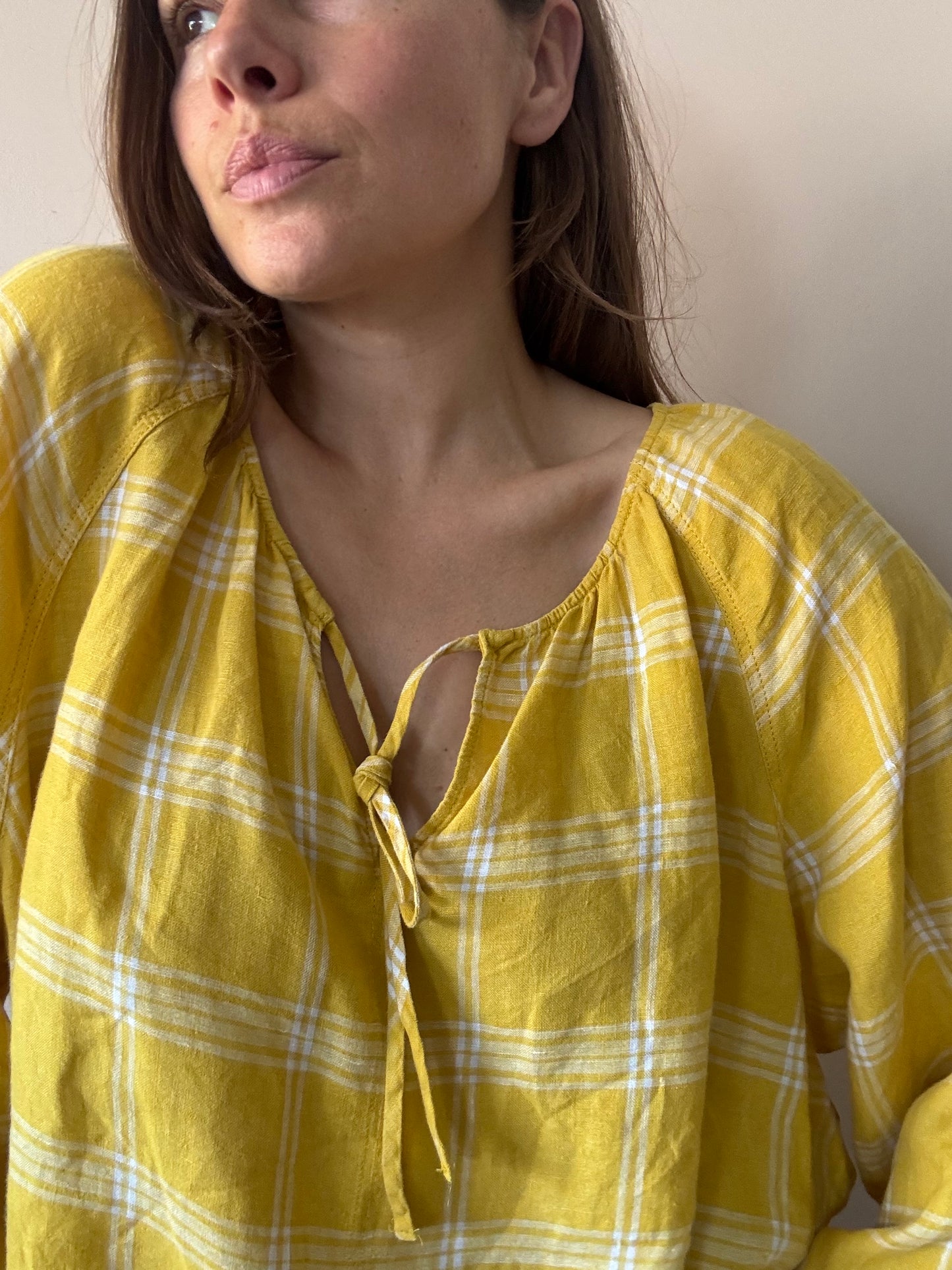 Yellow check 100% linen top size 20