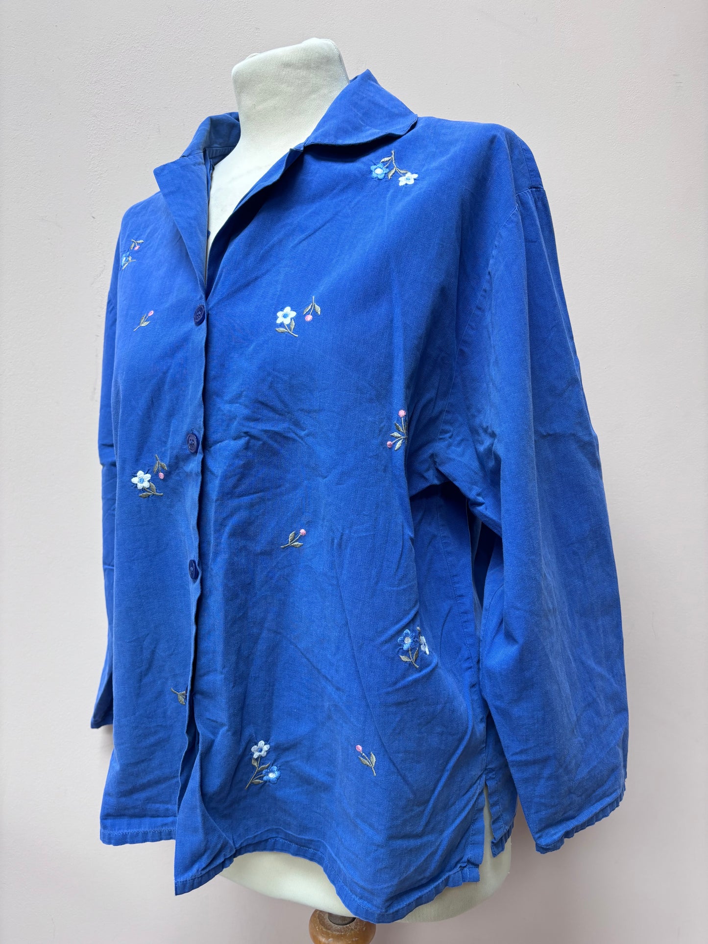 Vintage blue cotton shirt flower embroidery size 10/12