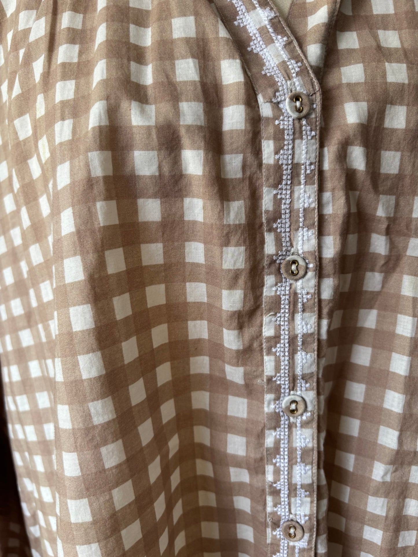 Beige white gingham puff sleeve 100% cotton blouse size 12/14