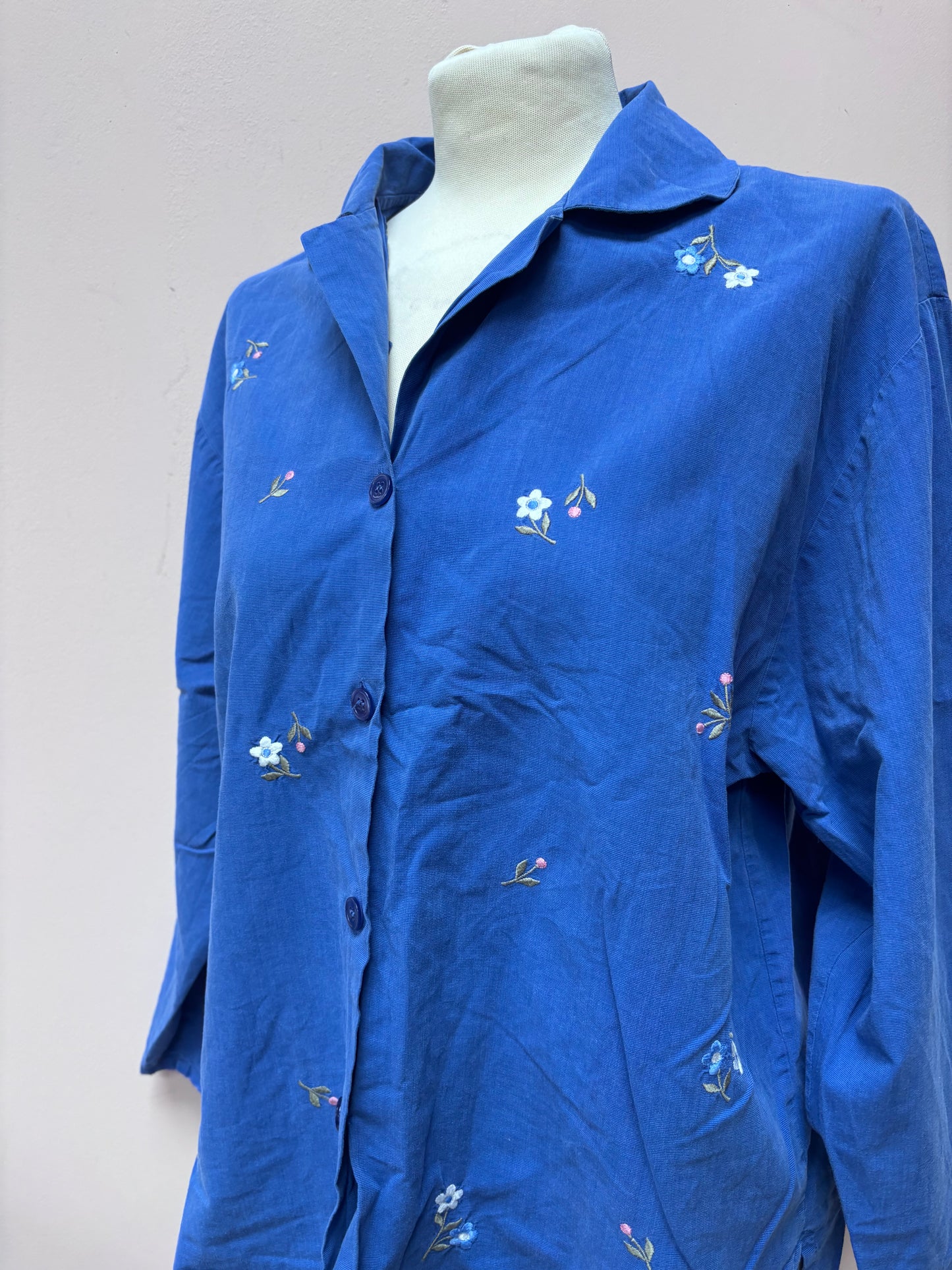 Vintage blue cotton shirt flower embroidery size 10/12