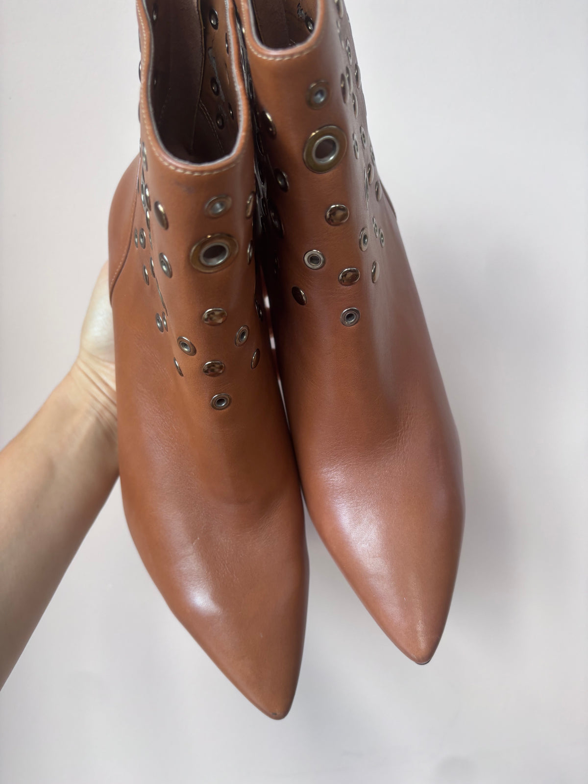 Brown leather studded heeled boots size 5.5