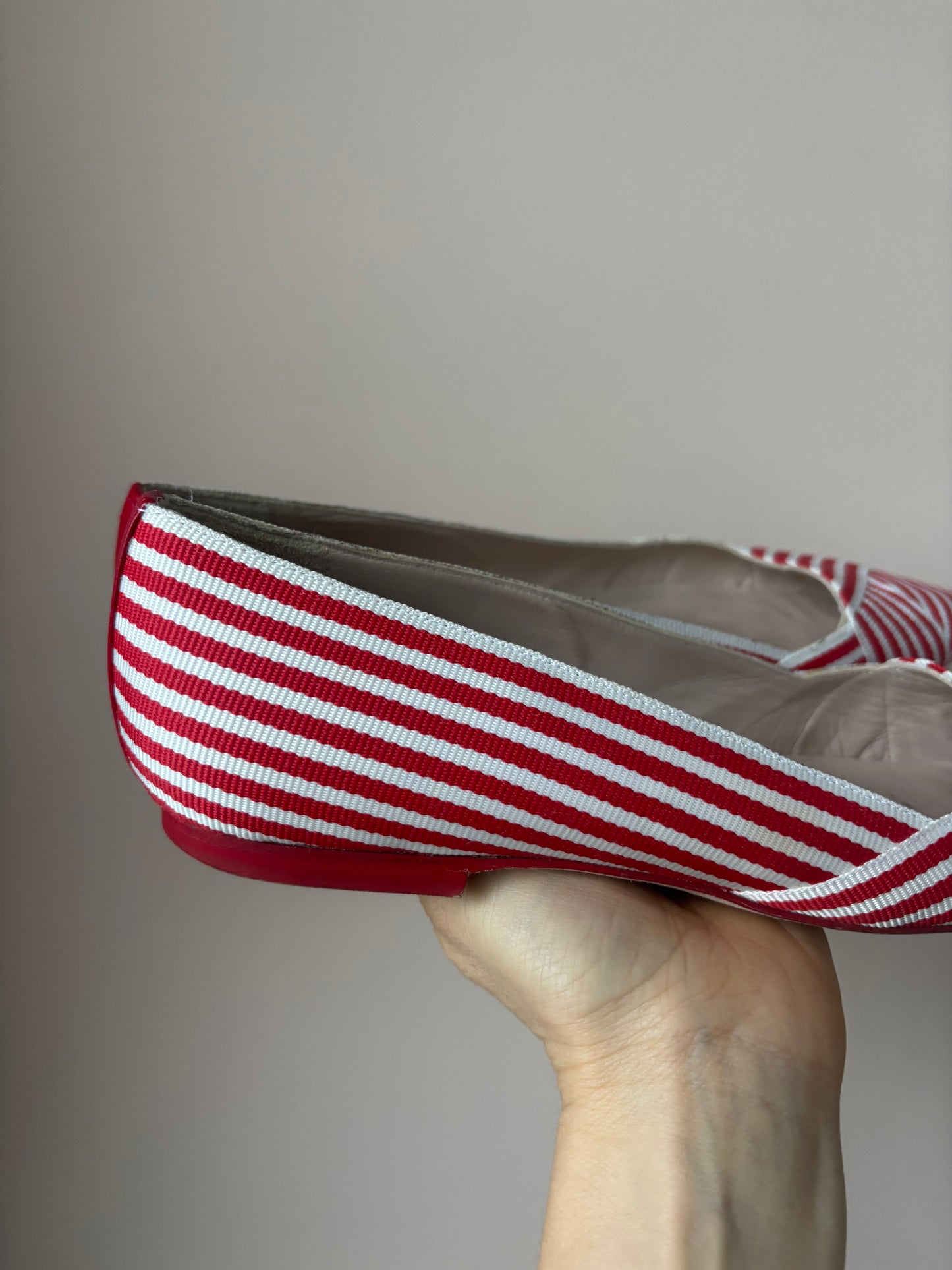 Red white striped flat shoes size 38.5
