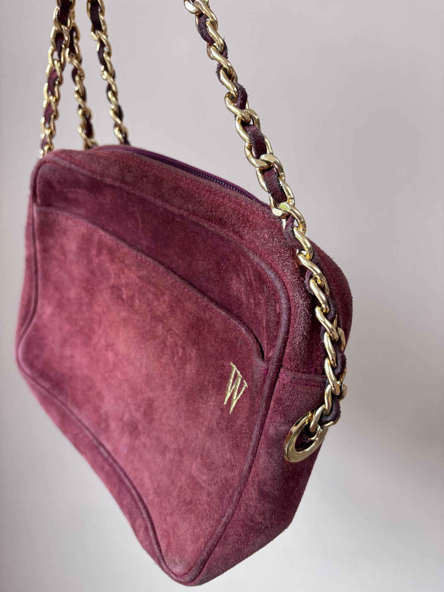 Vintage maroon suede gold chain strap bag