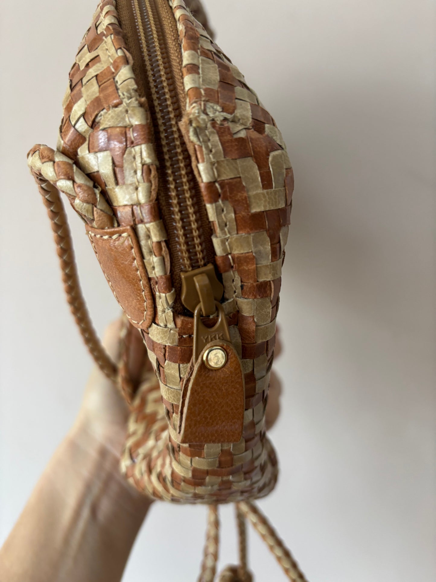 Vintage brown beige leather woven bag