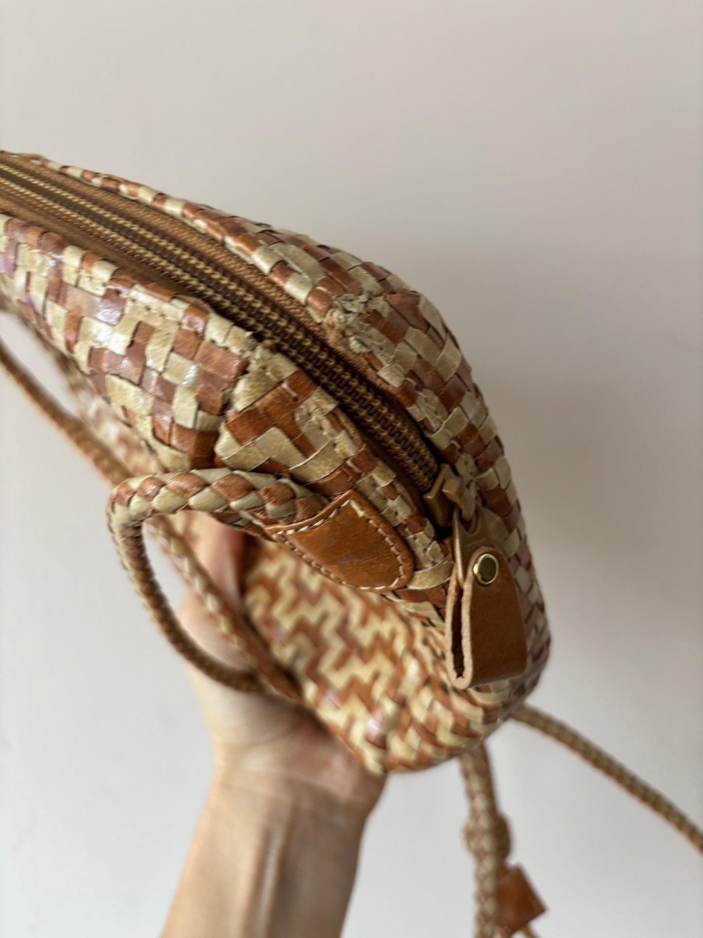 Vintage brown beige leather woven bag
