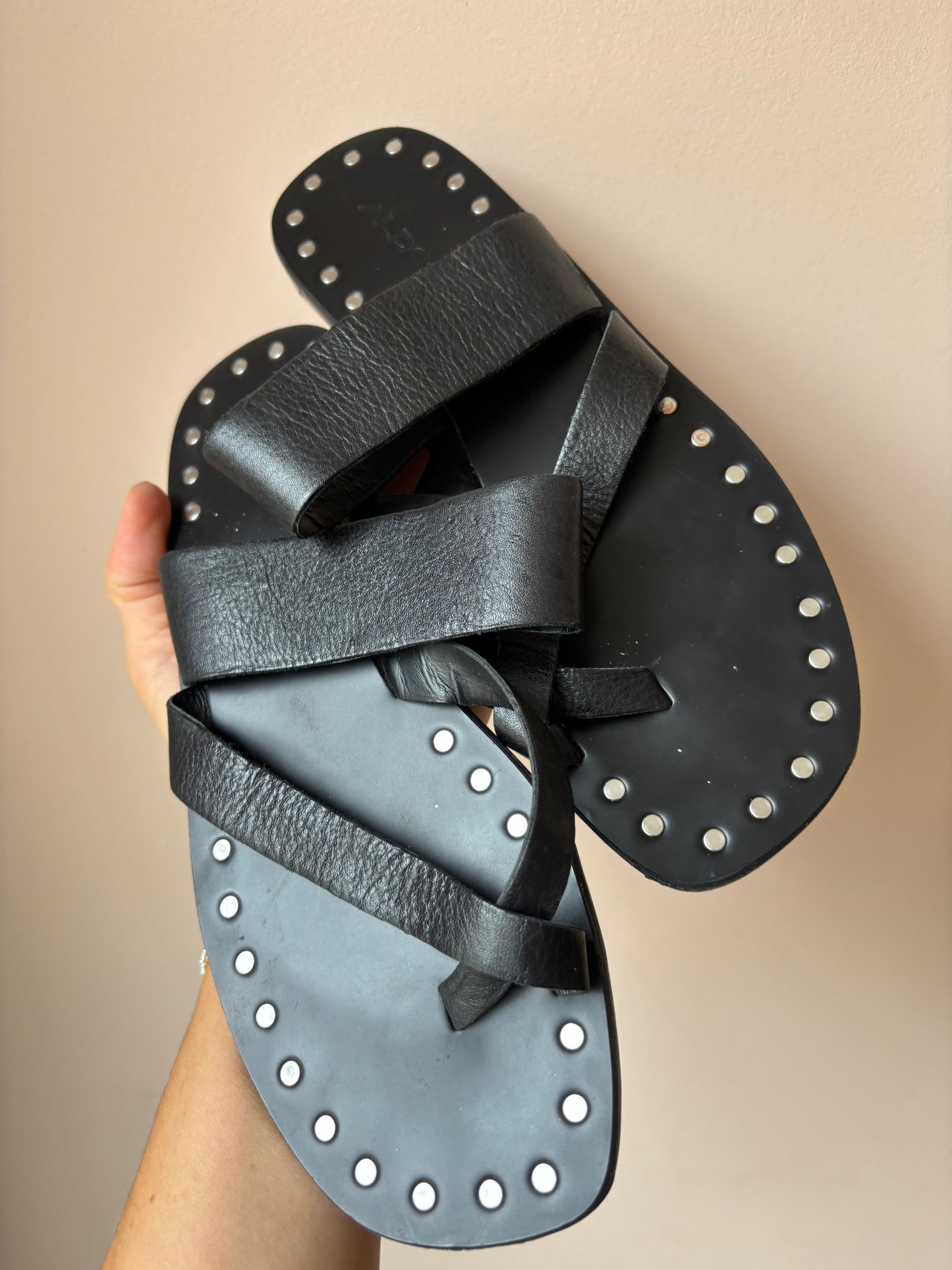 Black leather studded sandals size UK5