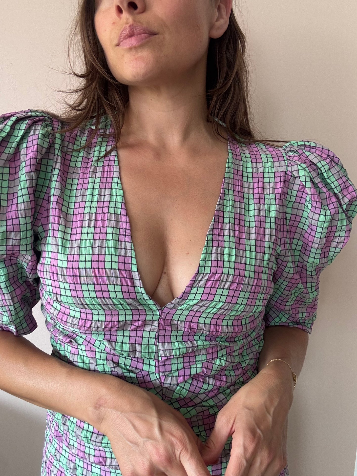 Pink green check puff sleeve dress size Large BNWT